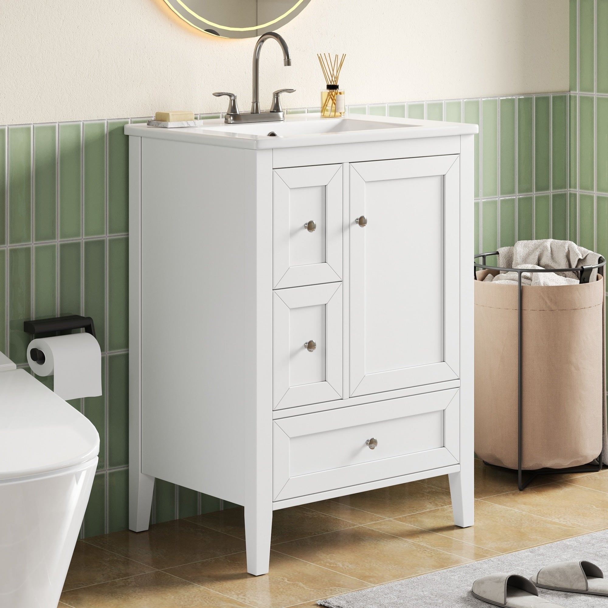 Christopher Knight Home Langford 24 Inch Bathroom Vanity In White Mdf With Ceramic Sink Soft Close Drawers And Wooden Legs