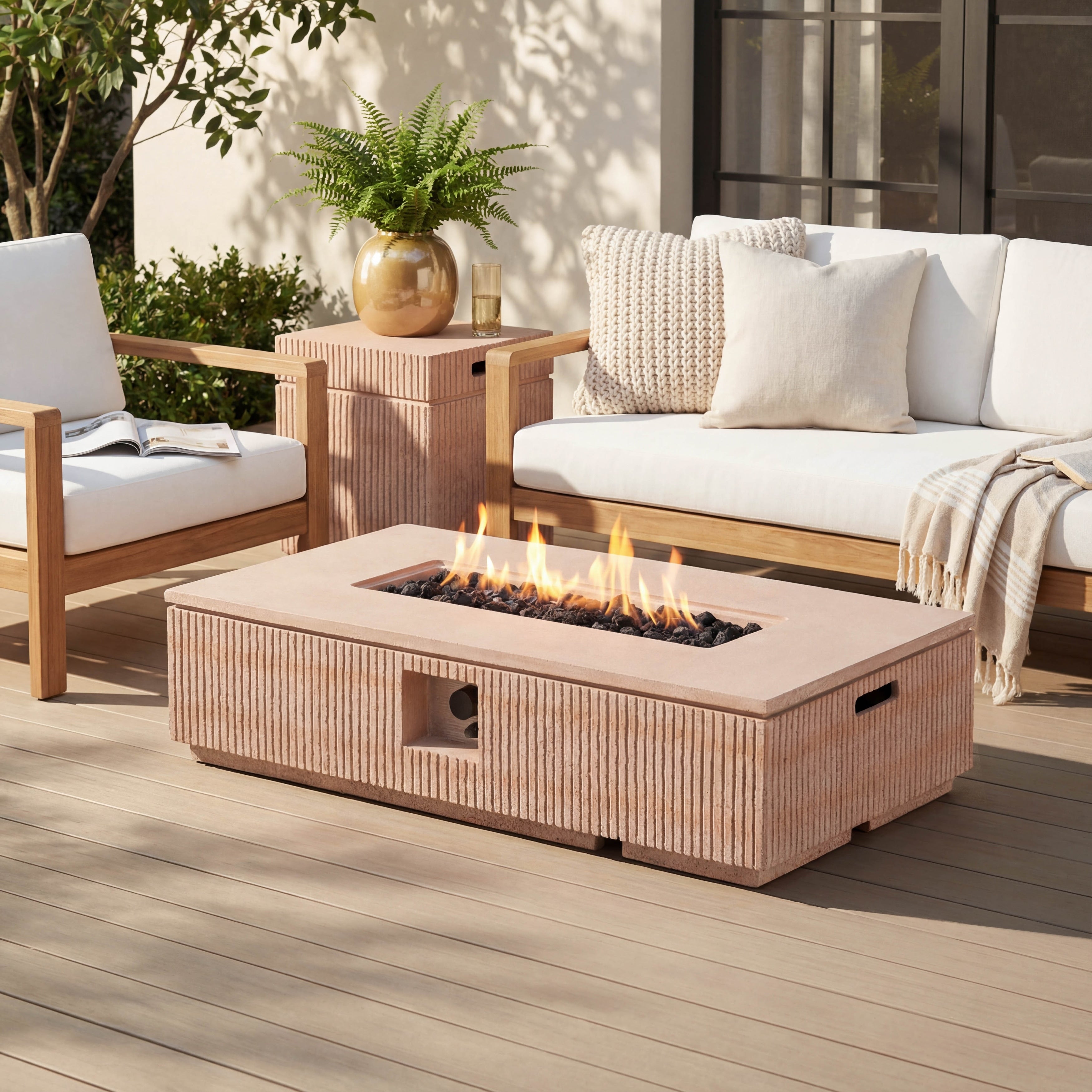 Christopher Knight Home Lecce 2 Piece Outdoor Mgo Fire Pit 50 000 Btu Table Set With Propane Tank Holder