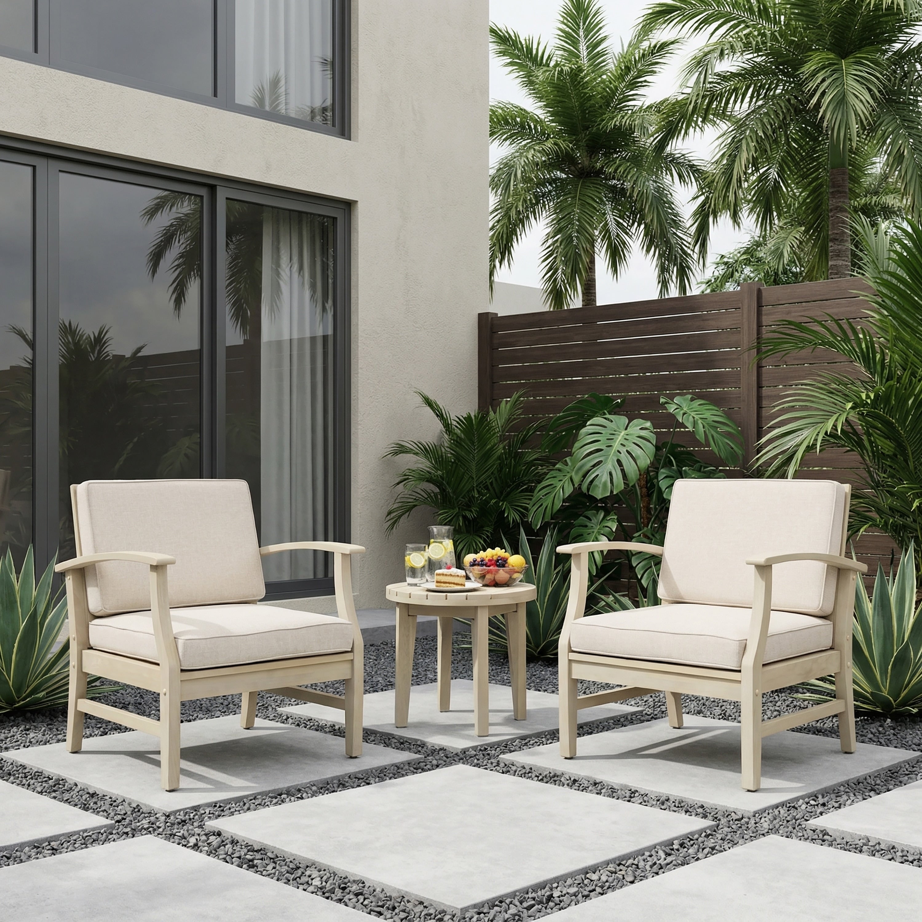 Christopher Knight Home Leo 3 Piece Outdoor Chat Set Acacia Wood Club Chairs With Side Table Slatted Patio Design