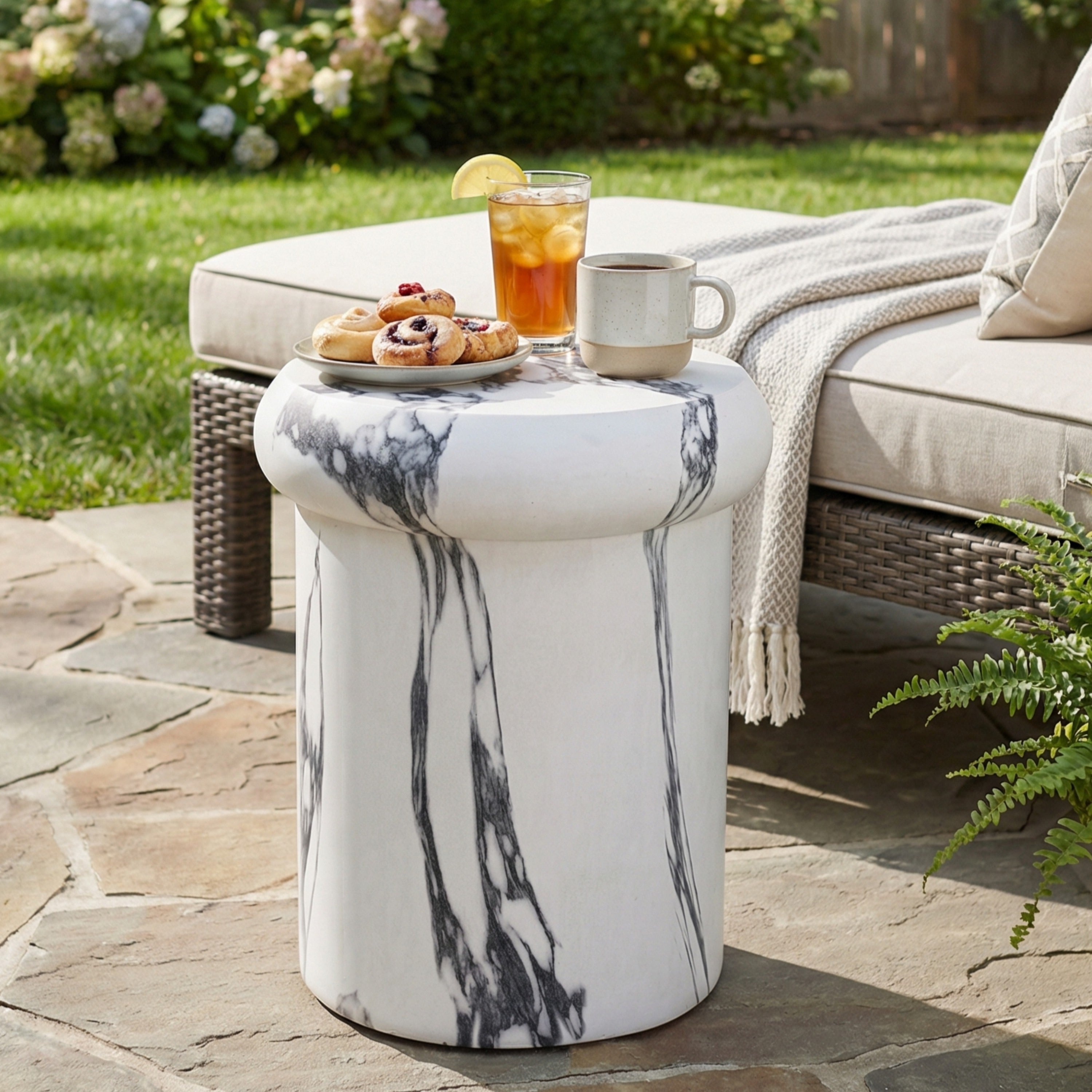 Christopher Knight Home Lightweight Concrete Sculptural Side Table With Faux Marble Travertine Finish For Indoor Outdoor
