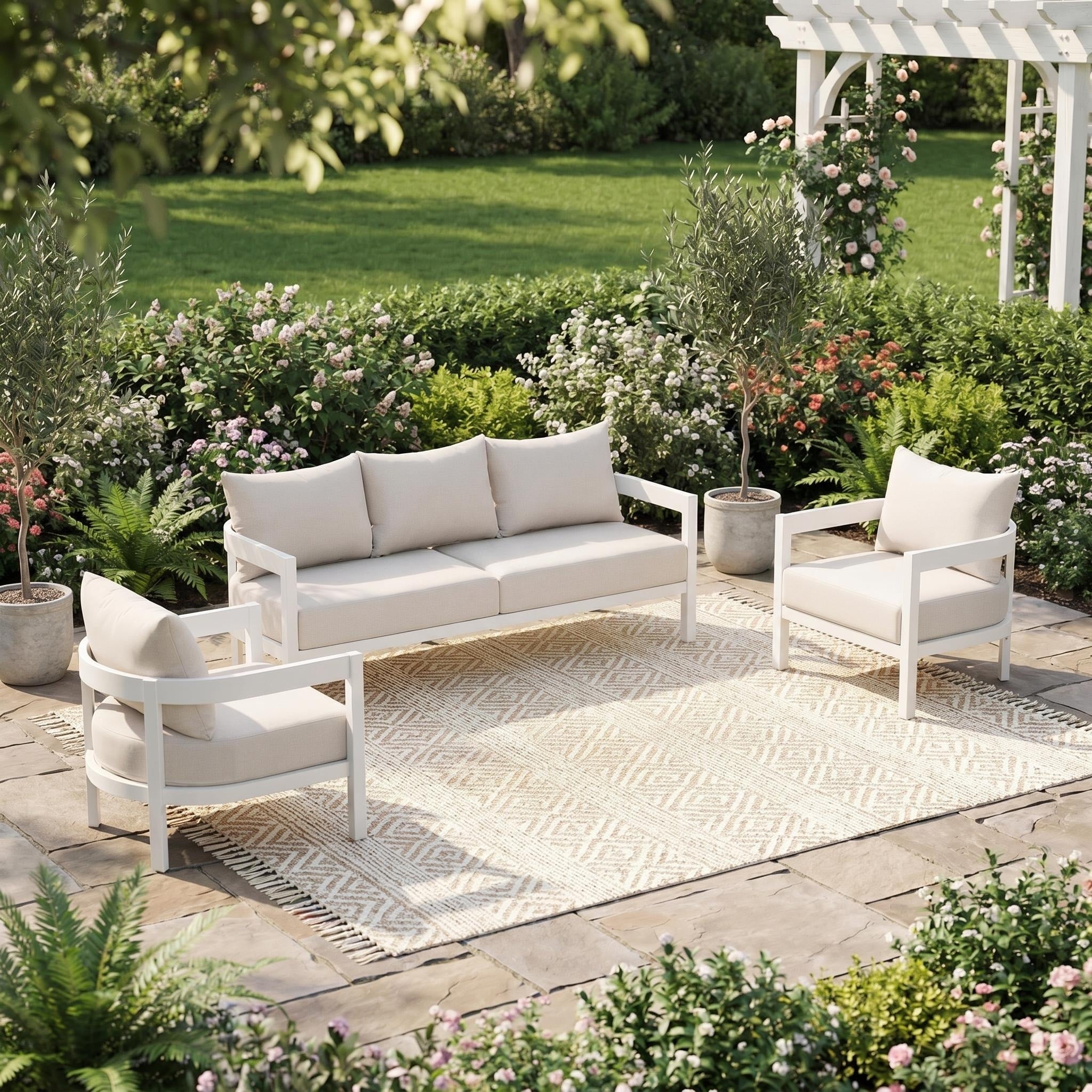 Christopher Knight Home Logan 3 Piece Outdoor Sofa Set Aluminum Frame Curved Back Design With 2 Chairs And 3 Seater Couch