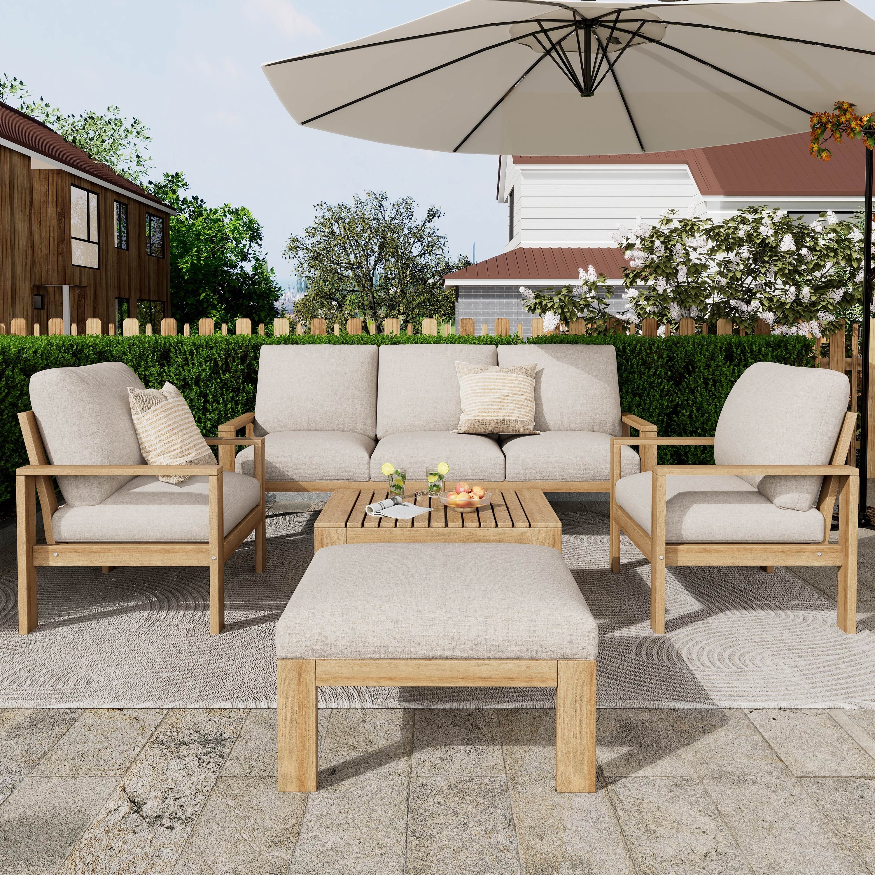 Christopher Knight Home Lucas Outdoor 5 Piece Acacia Wood Sectional Sofa Set With Cushions.