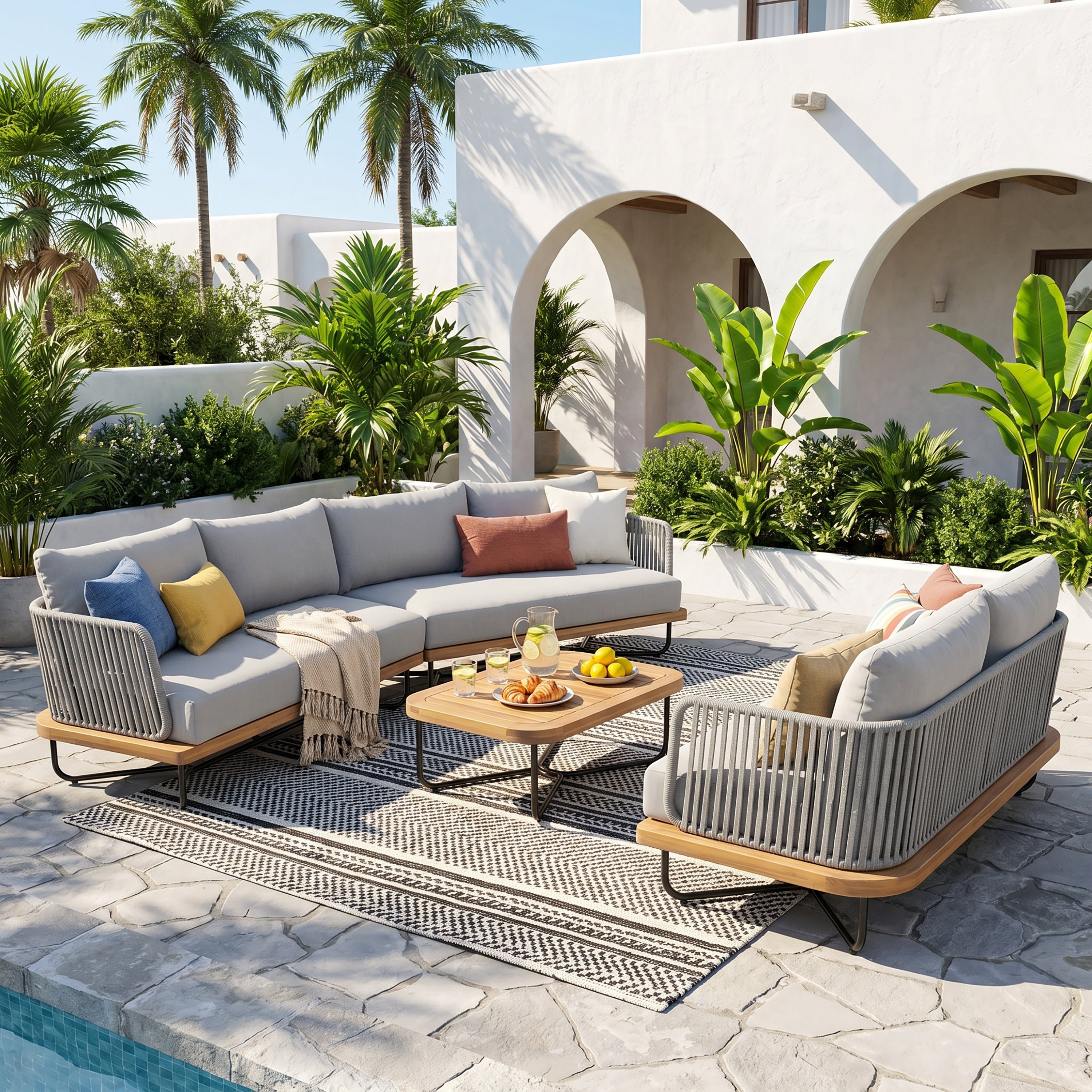 Christopher Knight Home Lucca Outdoor Acacia Wood Rope Woven 4 Piece Sectional Sofa Set With Coffee Table For Patio Garden