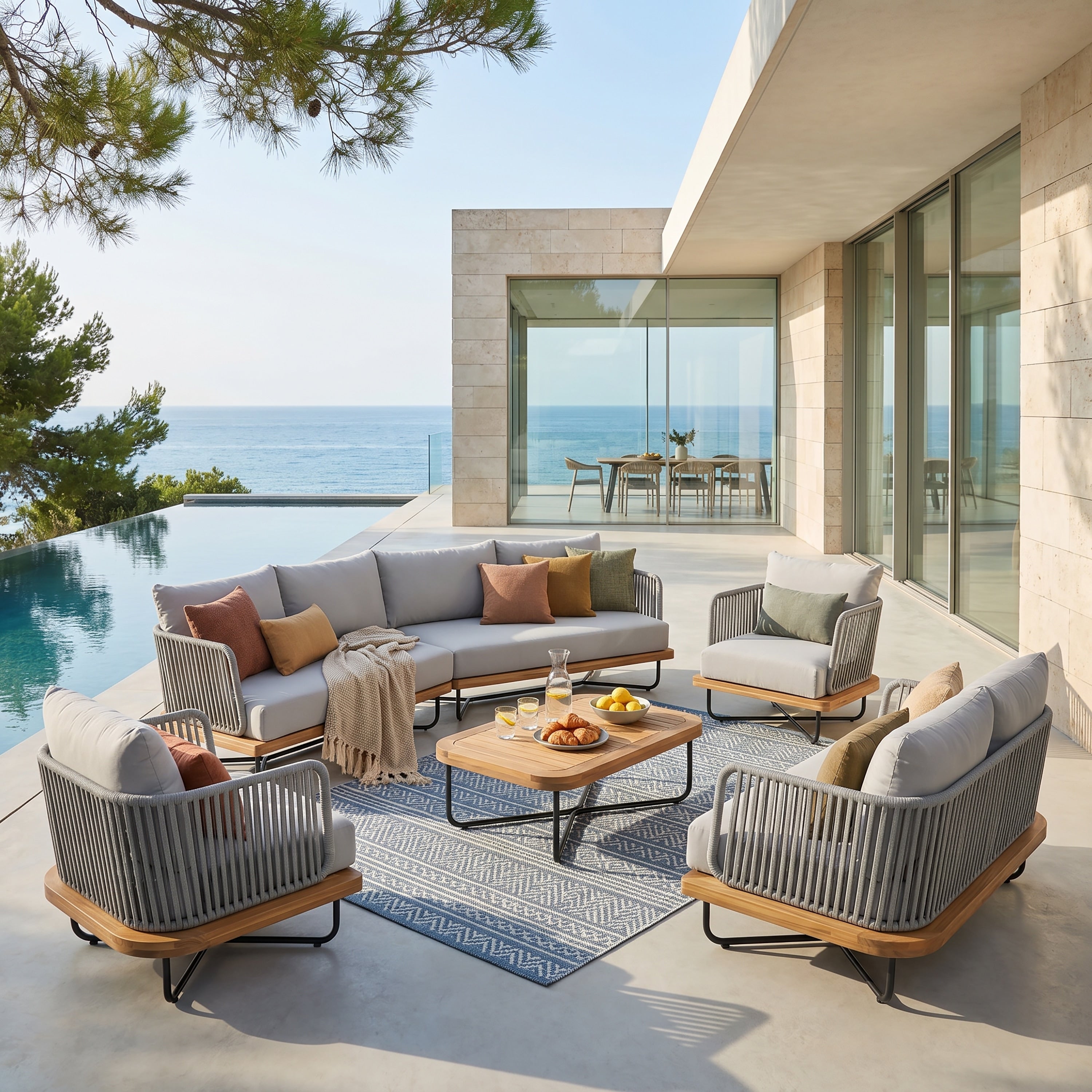 Christopher Knight Home Lucca Outdoor Acacia Wood Rope Woven 6 Piece Sectional Sofa Set With Coffee Table Patio