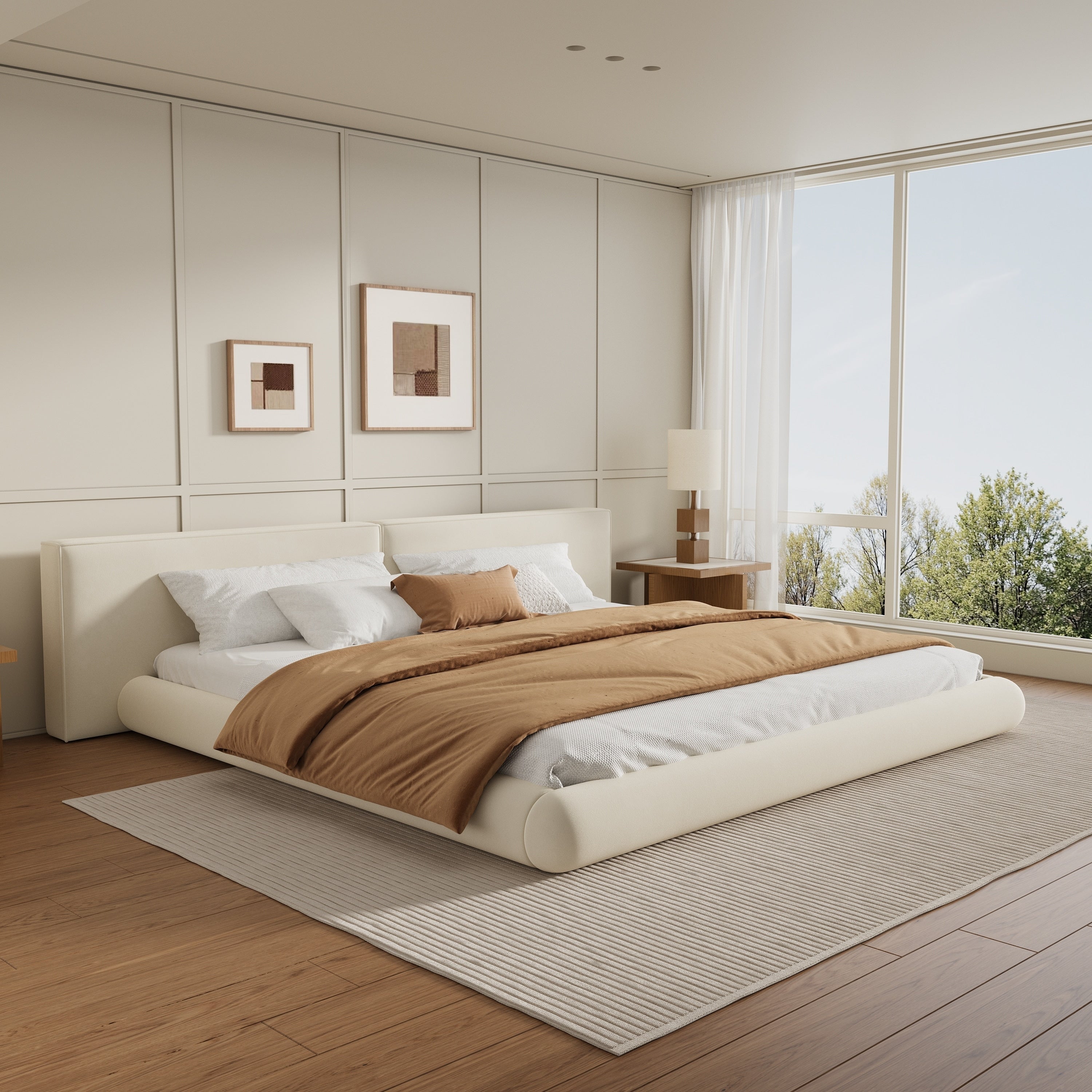 Christopher Knight Home Lunara Modern Upholstered Floor Hugging Platform Bed With Rounded Edges