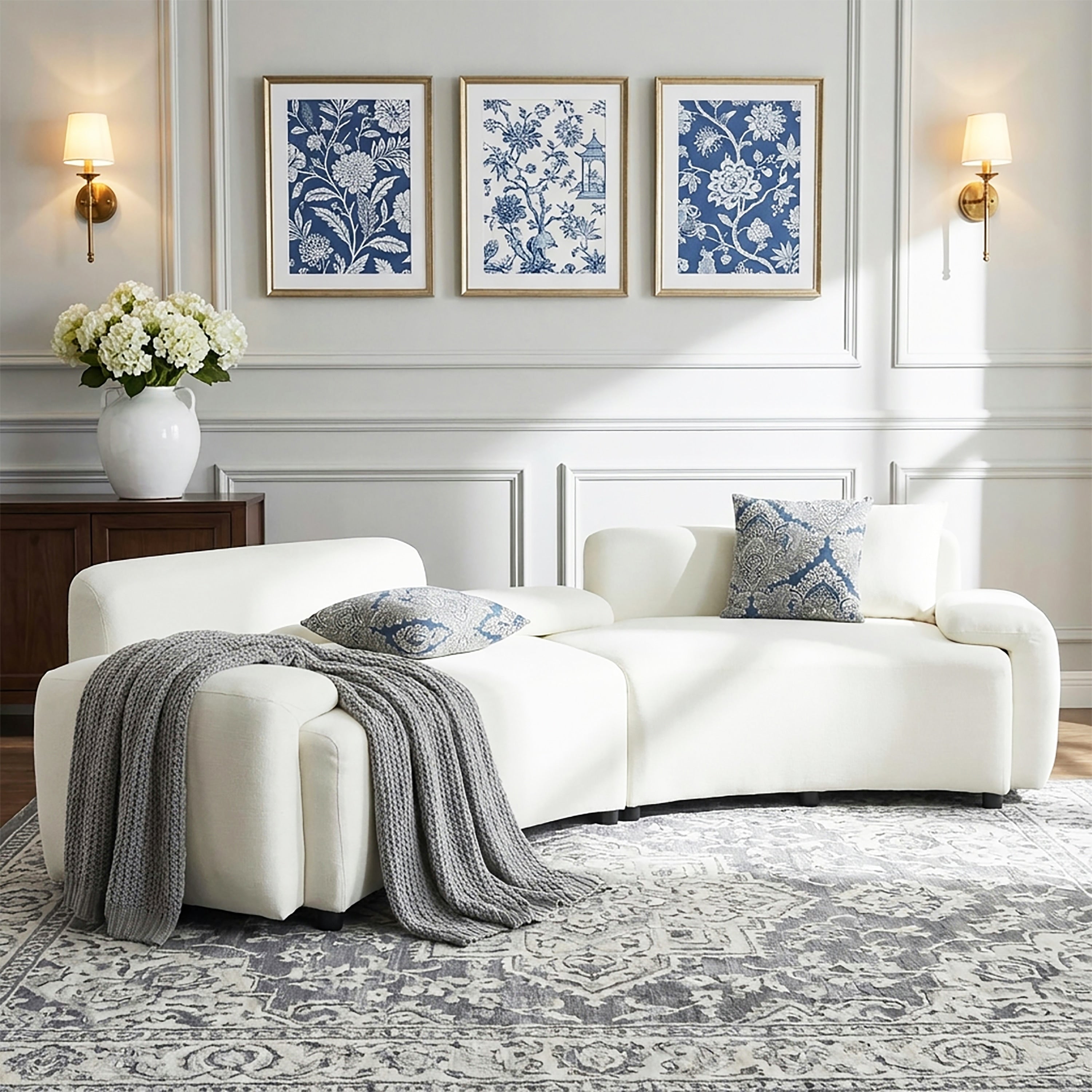 Christopher Knight Home Lunaria 122 Modern Upholstered Curved Sofa With 2 Damask Pattern Pillows