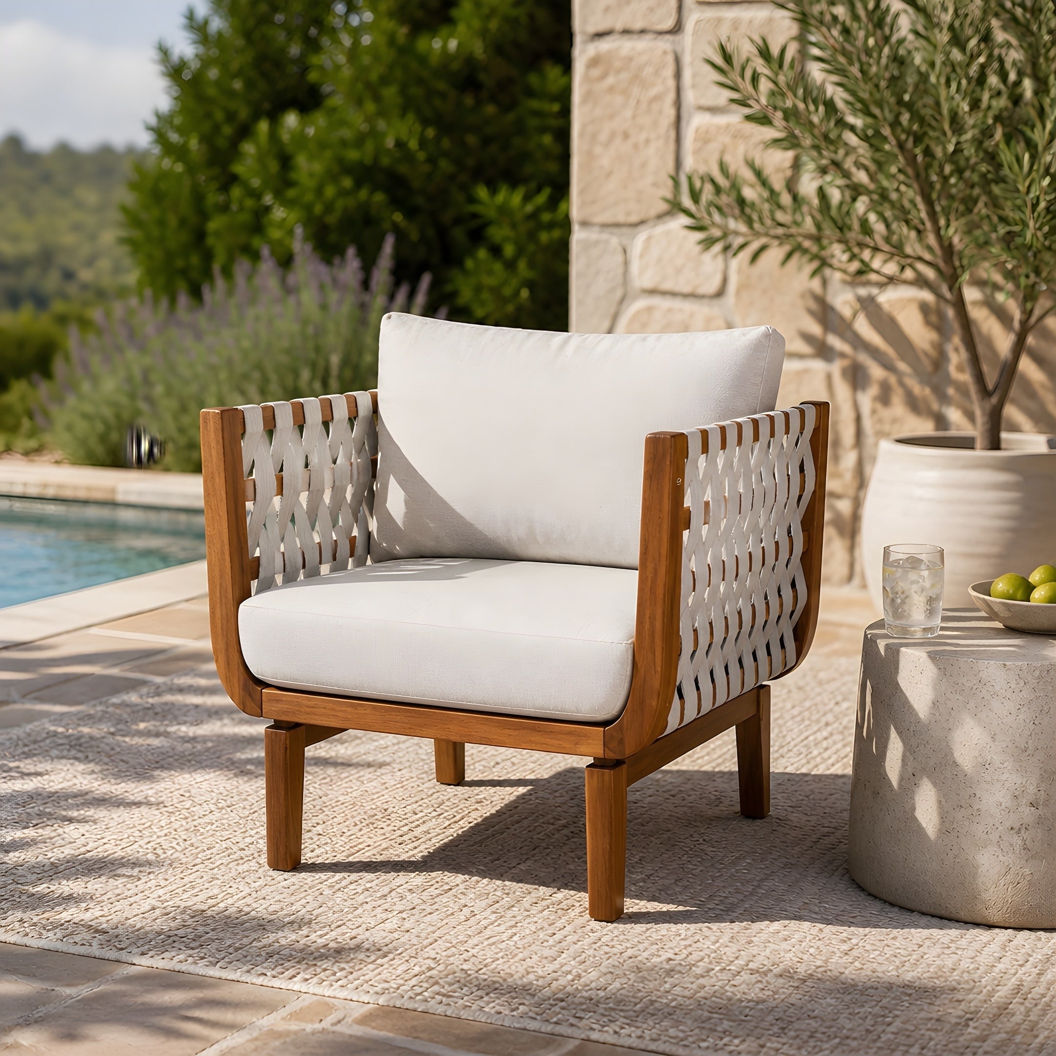 Christopher Knight Home Malibu Outdoor Club Chair Acacia Wood With Woven Rope And Water Resistant Cushions
