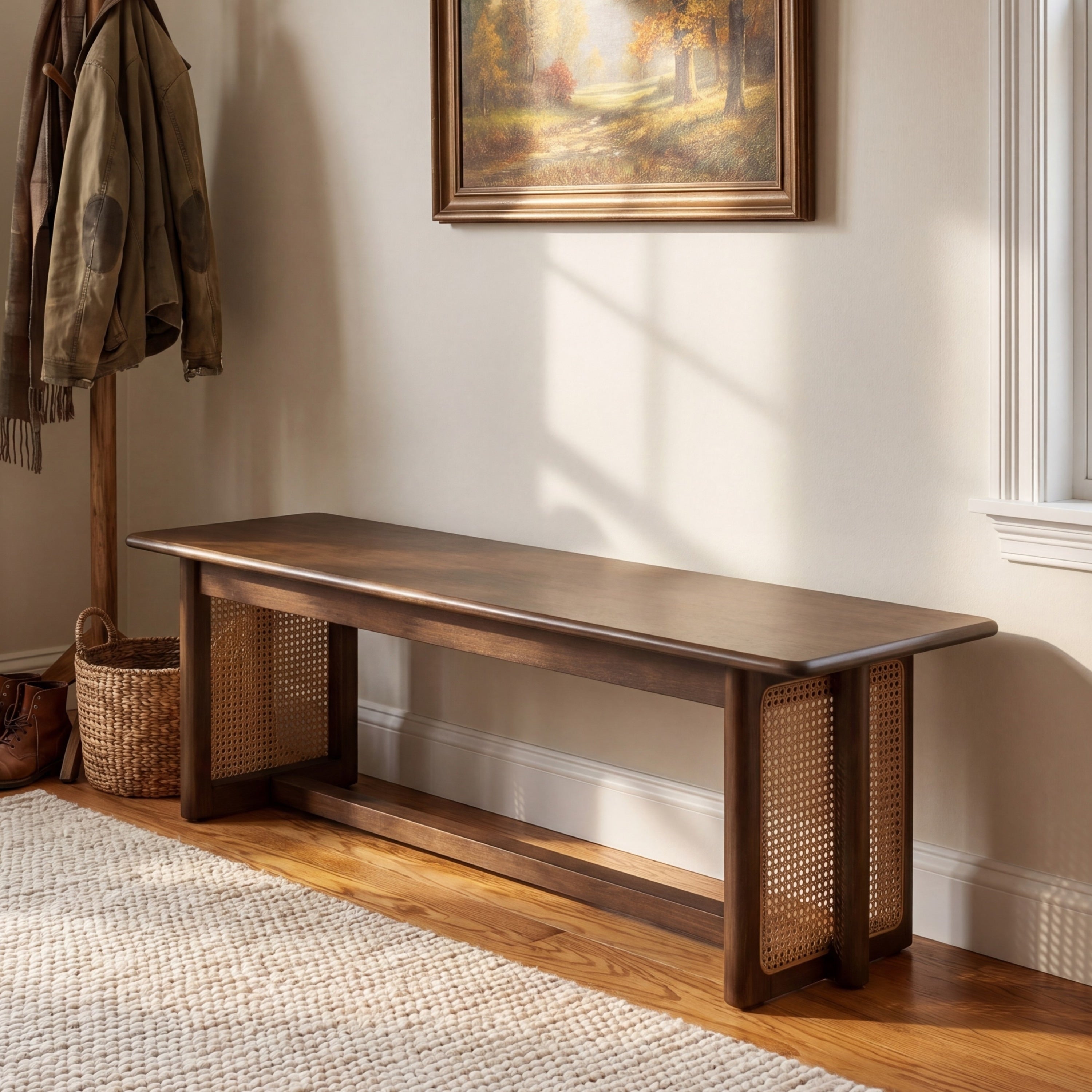 Christopher Knight Home Marlow Dining Bench Rubber Wood With Boho Rattan Weave Seating
