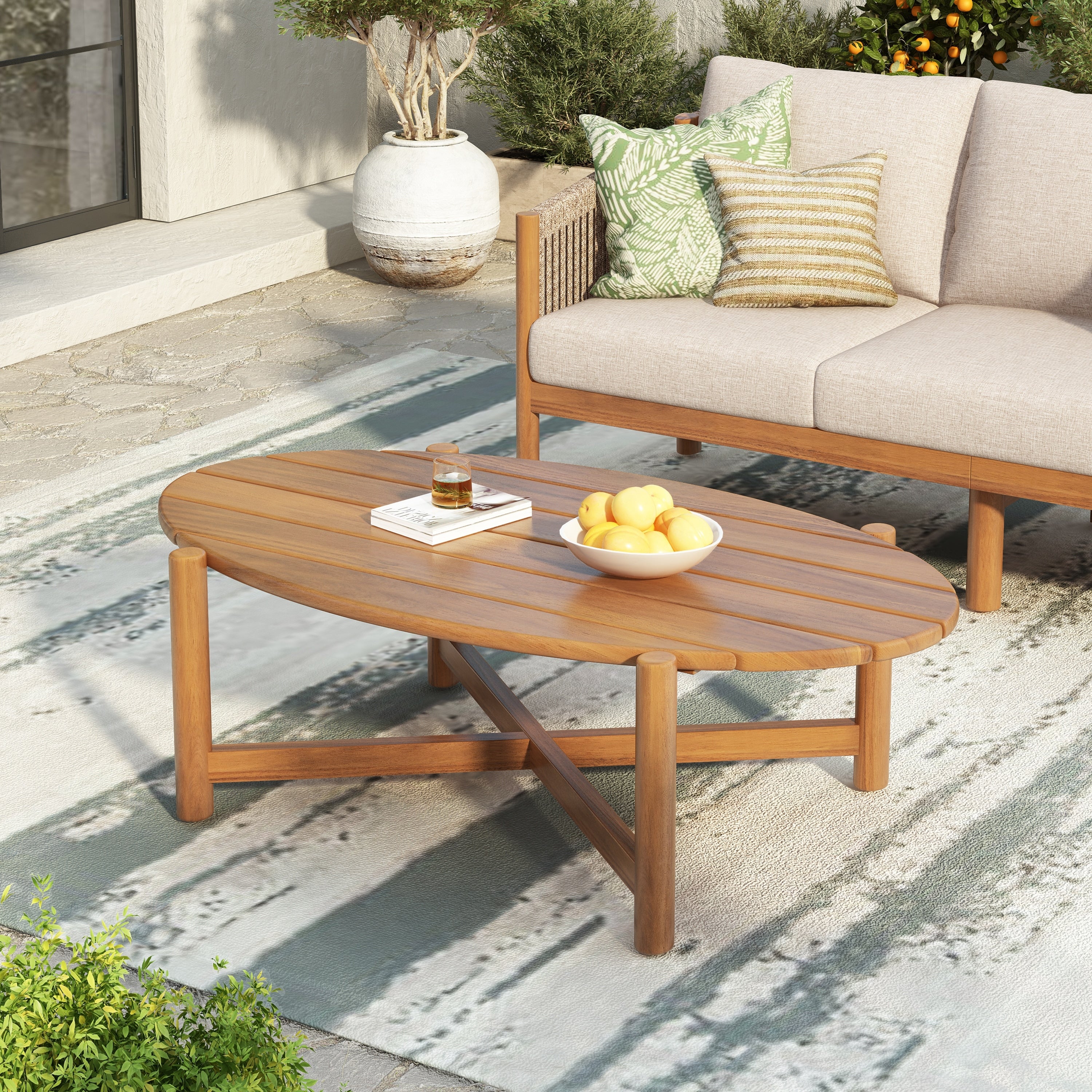 Christopher Knight Home Mid Century 14.96 H Oval Outdoor Acacia Wood Coffee Table With Slatted Tabletop Cross Support Base