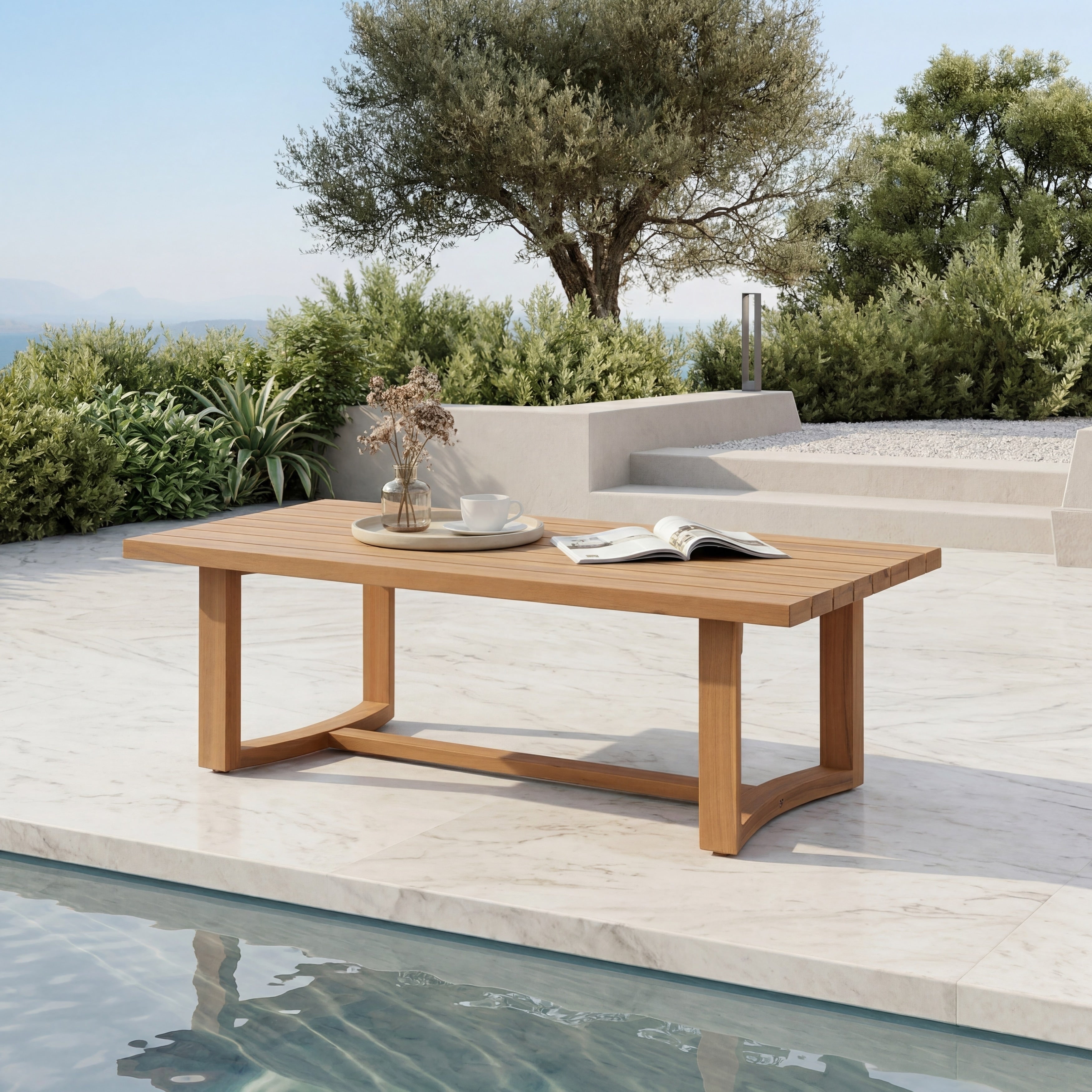 Christopher Knight Home Mid Century 47.24 Rectangle Outdoor Acacia Wood Coffee Table With Slatted Tabletop Rounded Edges