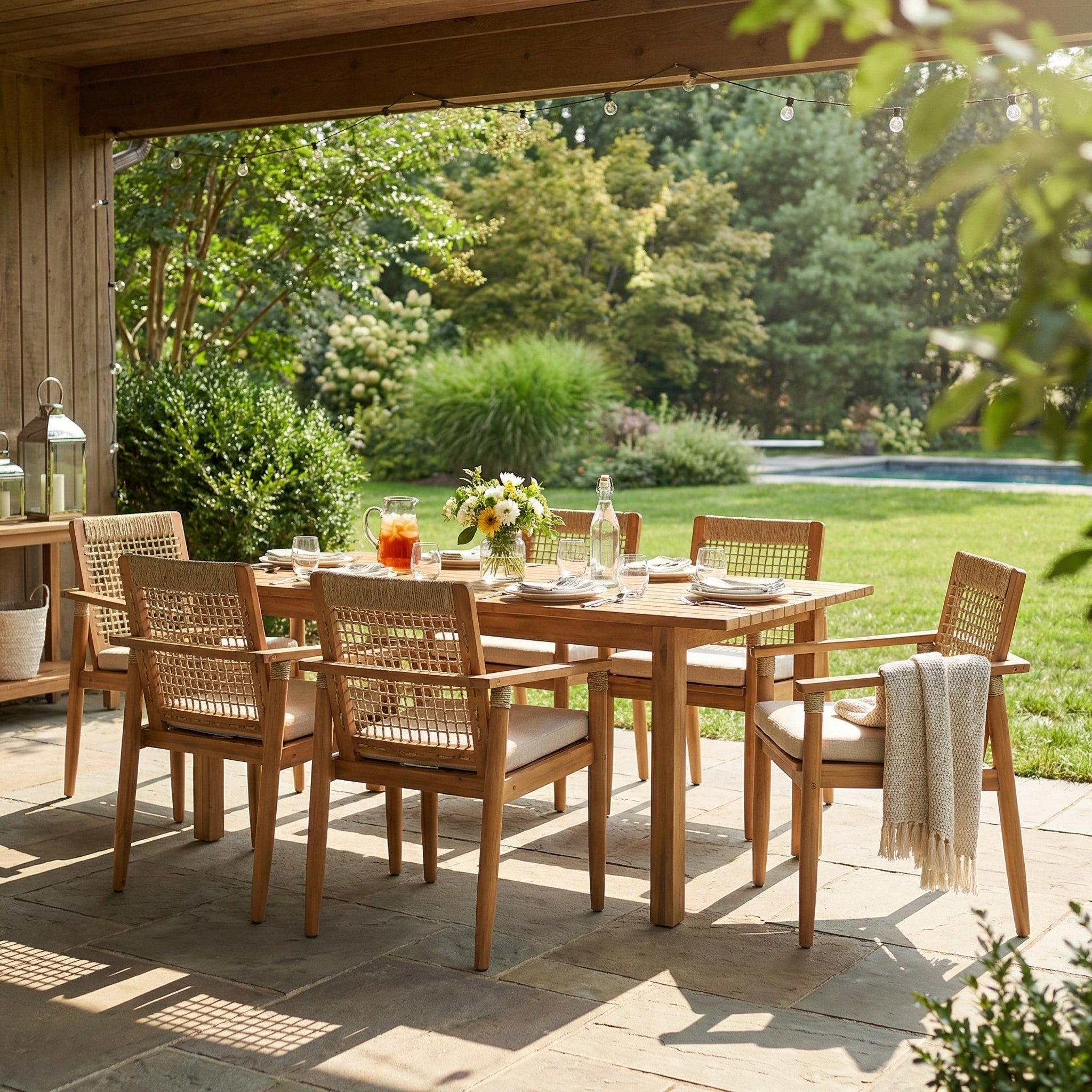 Christopher Knight Home Mid Century 7 Piece Outdoor Patio Dining Set With Expandable Acacia Wood Table Rope Weave Armchairs