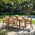Christopher Knight Home Mid Century 7 Piece Outdoor Patio Dining Set With Expandable Acacia Wood Table And Mesh Armchairs