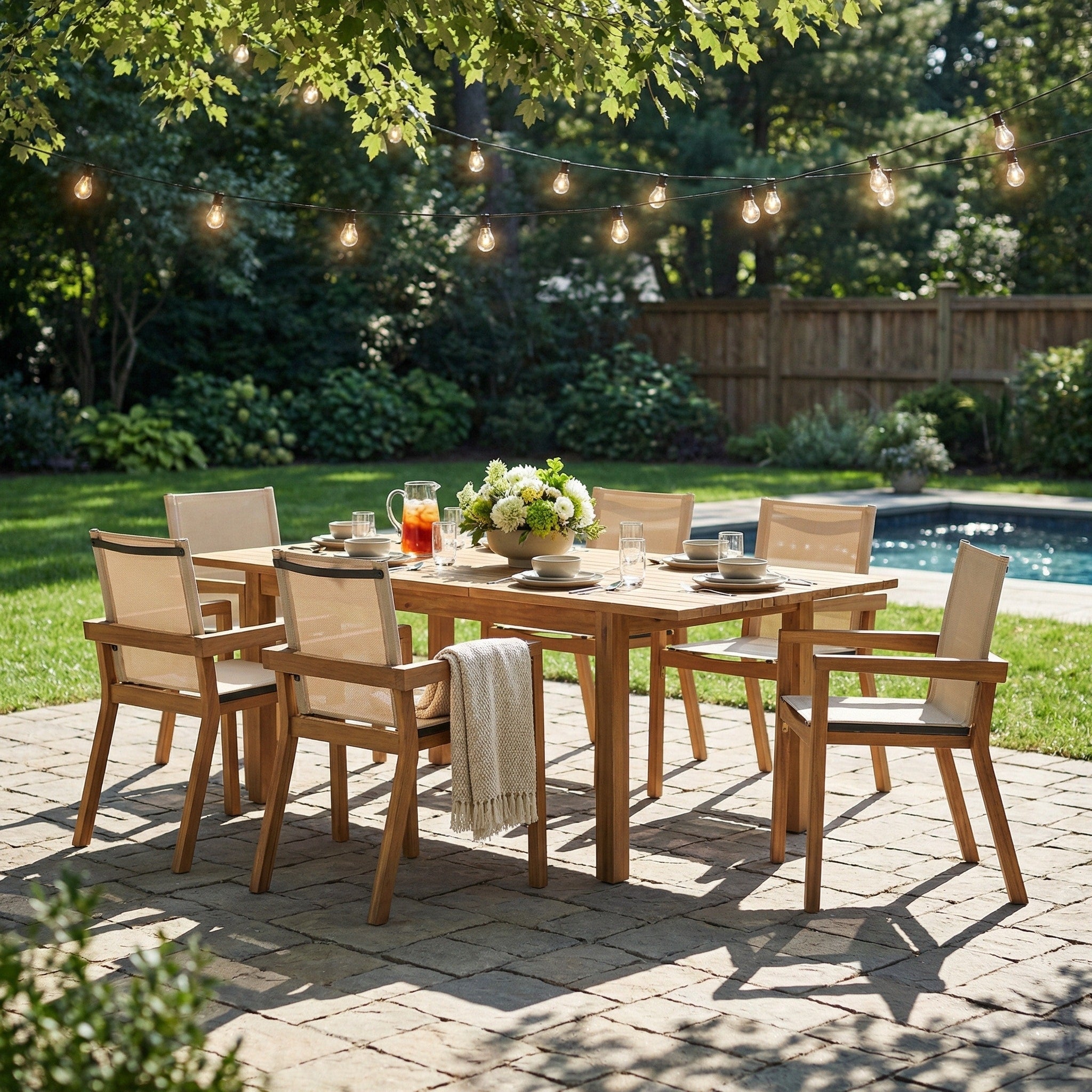 Christopher Knight Home Mid Century 7 Piece Outdoor Patio Dining Set With Expandable Acacia Wood Table And Mesh Armchairs