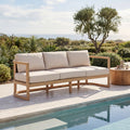 Christopher Knight Home Mid Century Acacia Wood Outdoor 3 Seater Patio Sofa With Woven Wicker Back Water Resistant Cushions