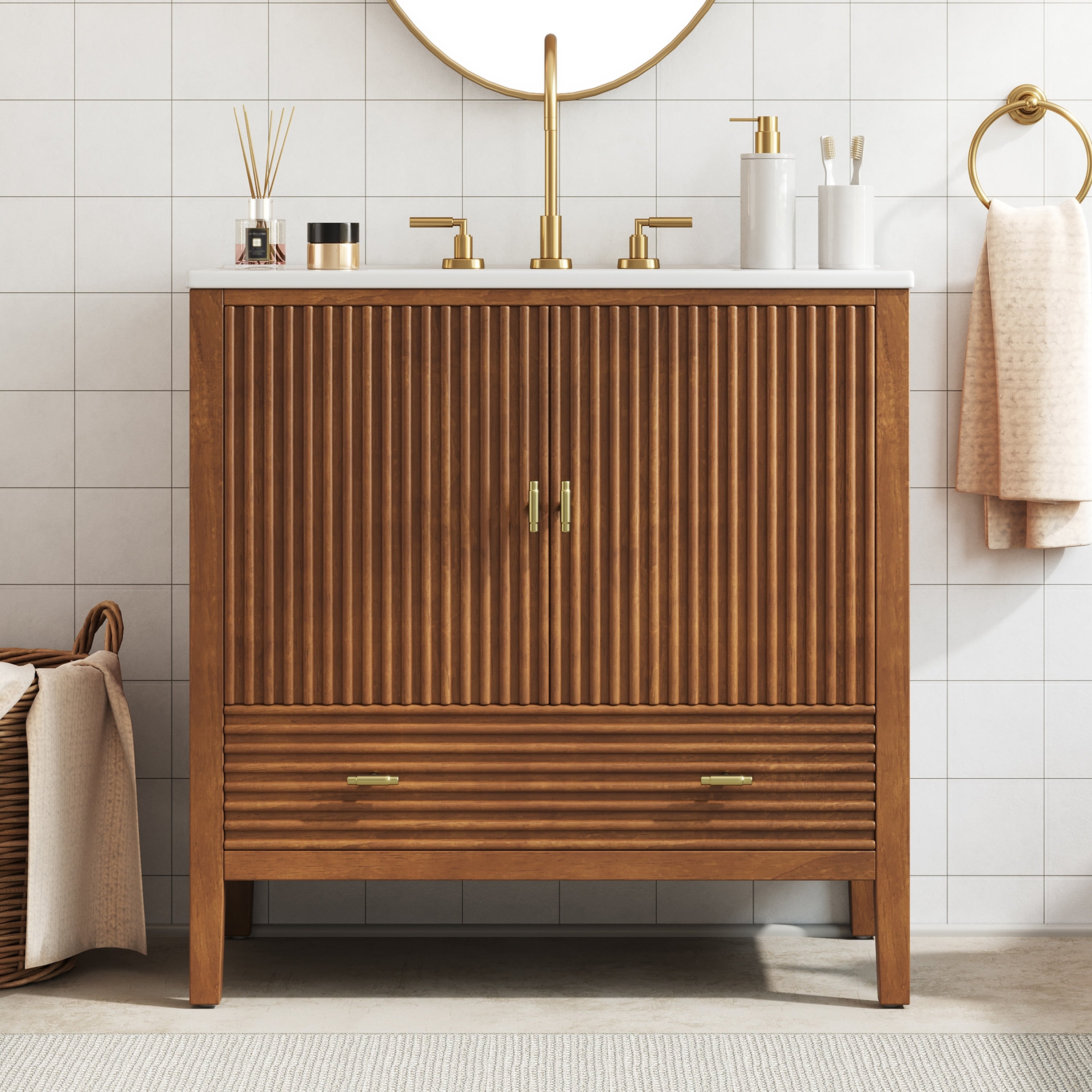 Christopher Knight Home Mid Century Freestanding Bathroom Vanity With Ceramic Sink Flip Up Dual Drawers