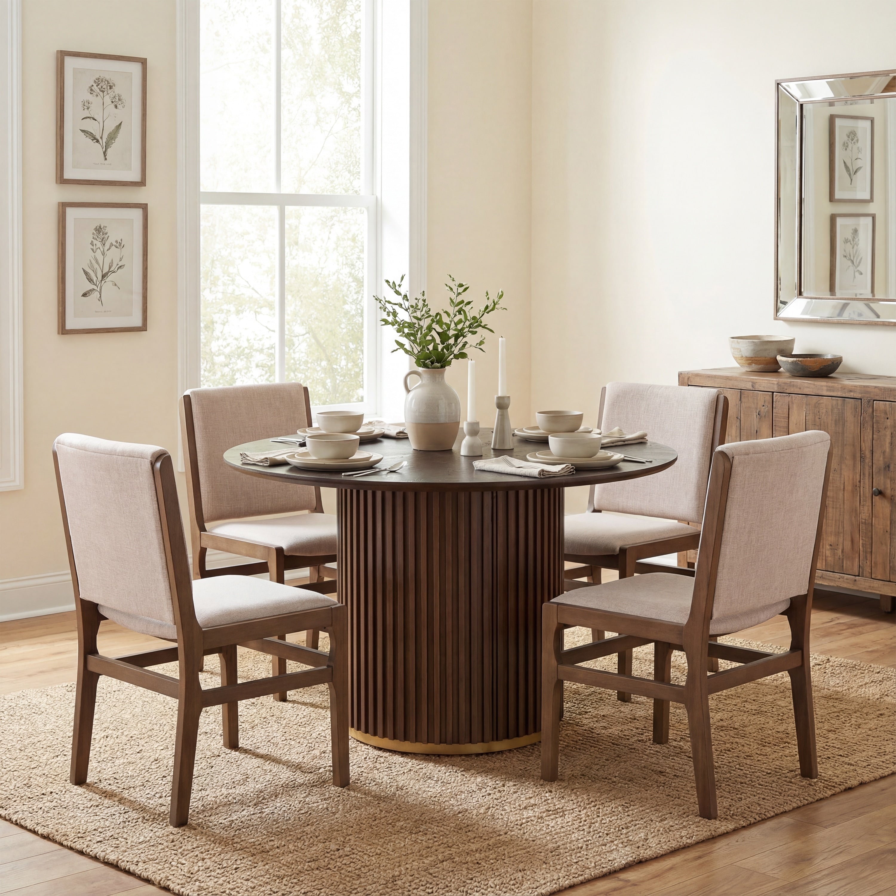 Christopher Knight Home Mid Century Modern 5 Piece Round Pedestal Dining Set With Upholstered Armless Dining Chairs