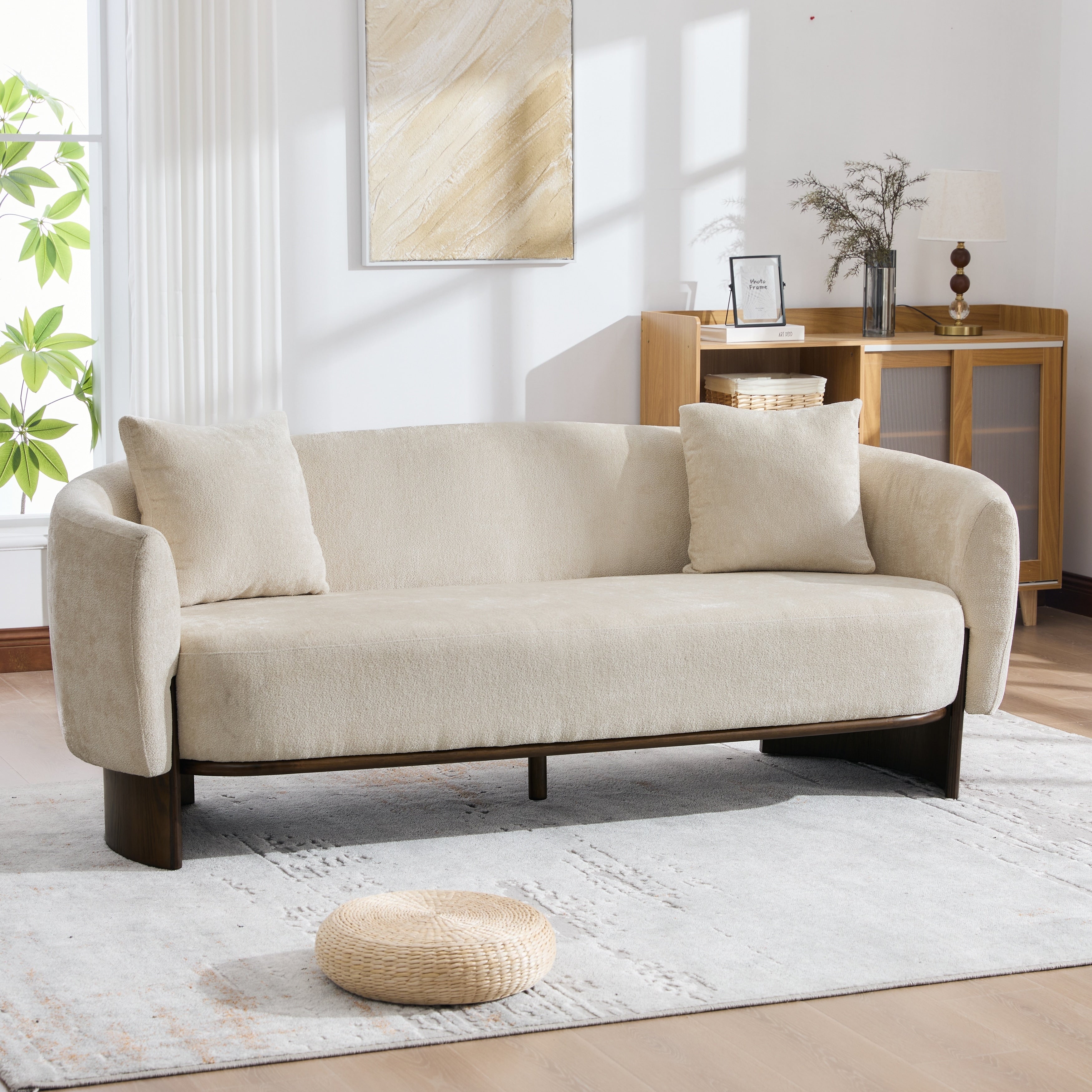 Christopher Knight Home Mid Century Modern 81 Upholstered 3 Seater Sofa With Curved Arms And Wood Base For Living Room