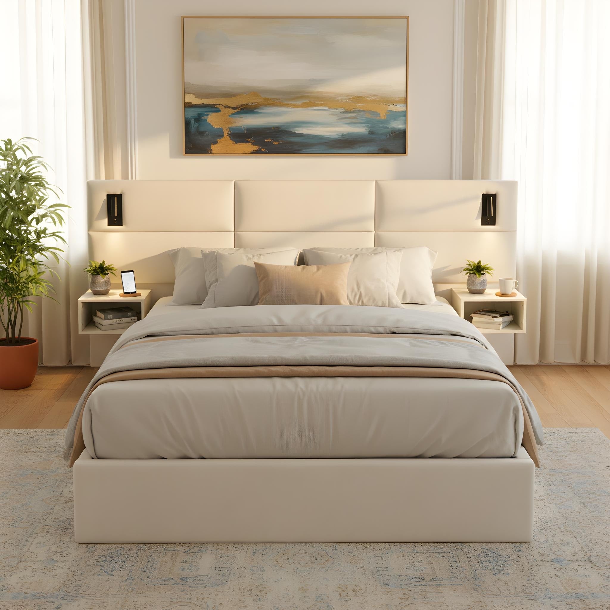 Christopher Knight Home Mid Century Modern Chenille Upholstered Smart Bed With Reading Lights Built In Shelves