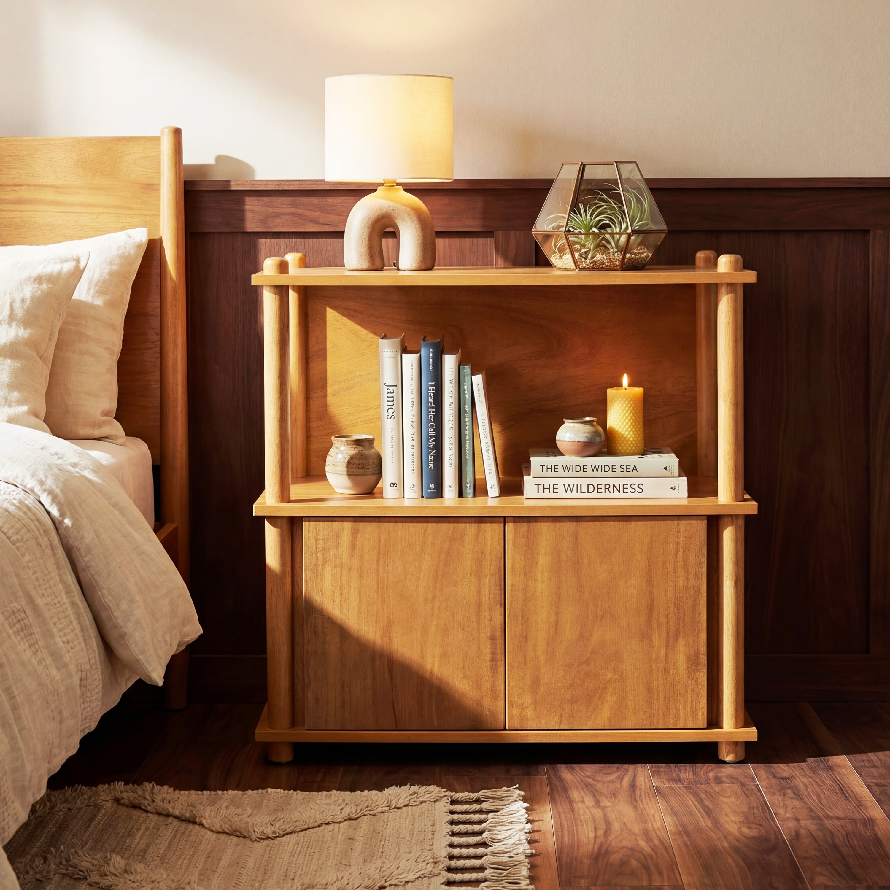 Christopher Knight Home Mid Century Mordern Wood Nightstand With Open Shelves And Storage Cabinet