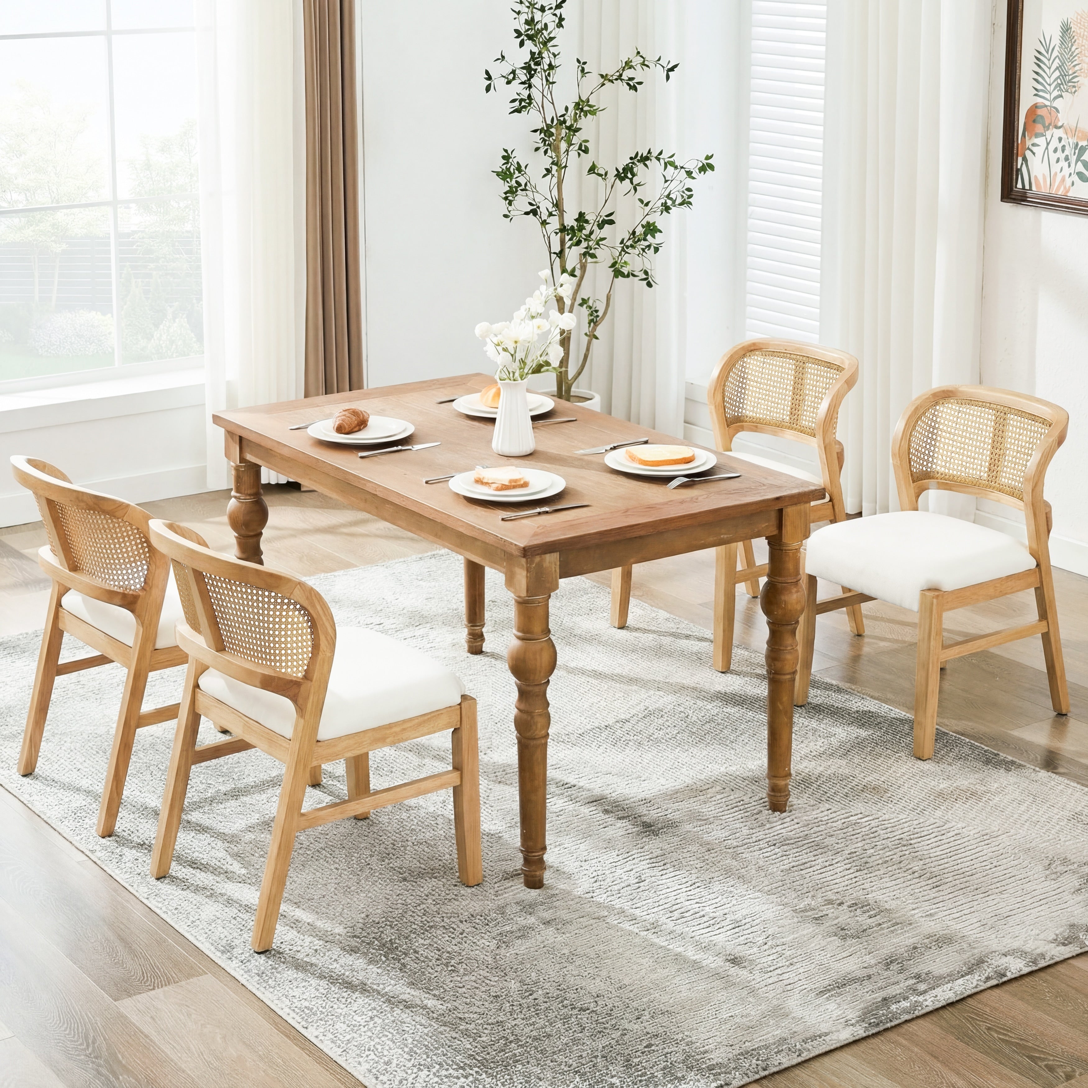 Christopher Knight Home Set Of 2 Mid Century Rattan Dining Chair With Solid Wood Frame And Upholstered Seat