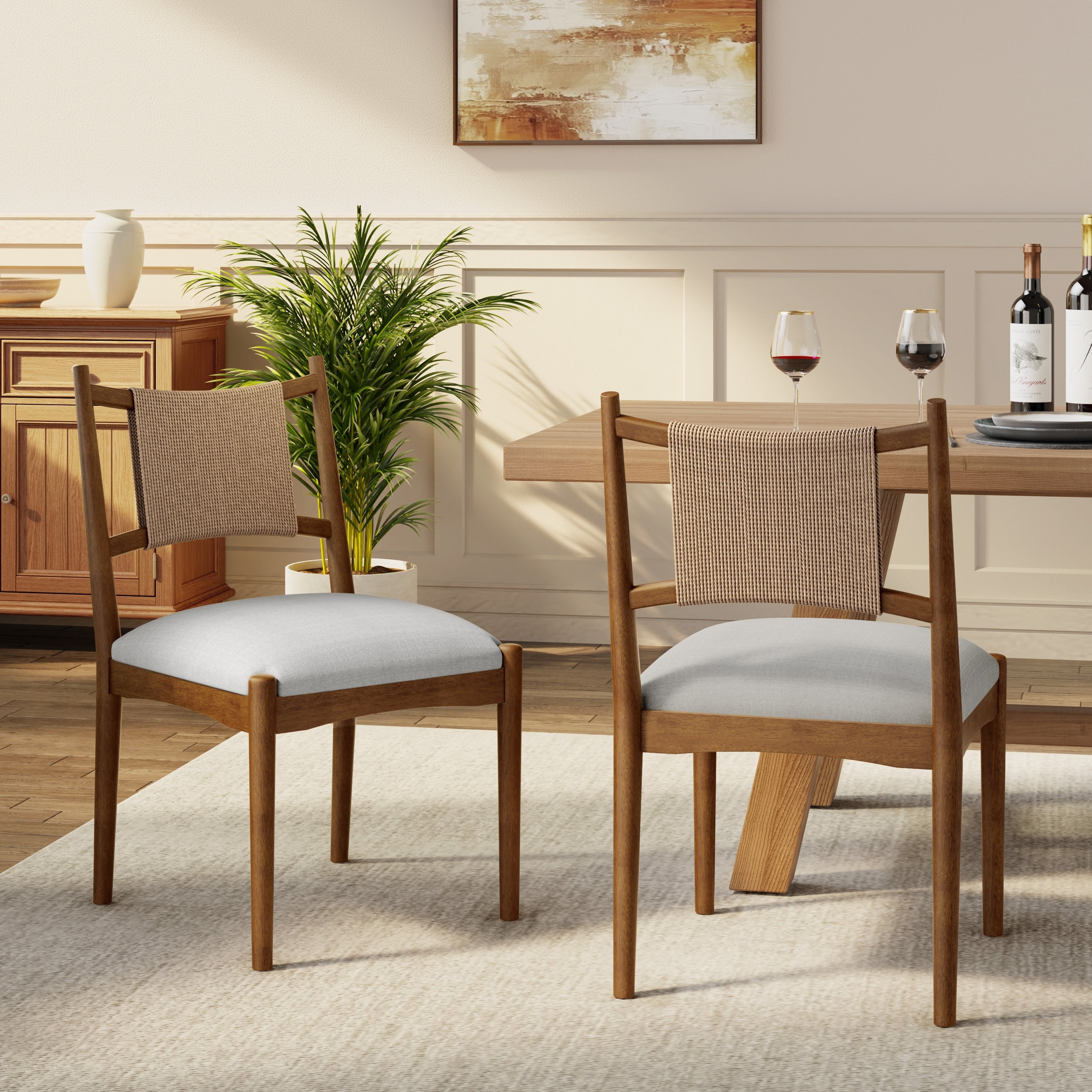 Christopher Knight Home Mid Century Set Of 2 Upholstered Dining Chair With Woven Paper Rope Back