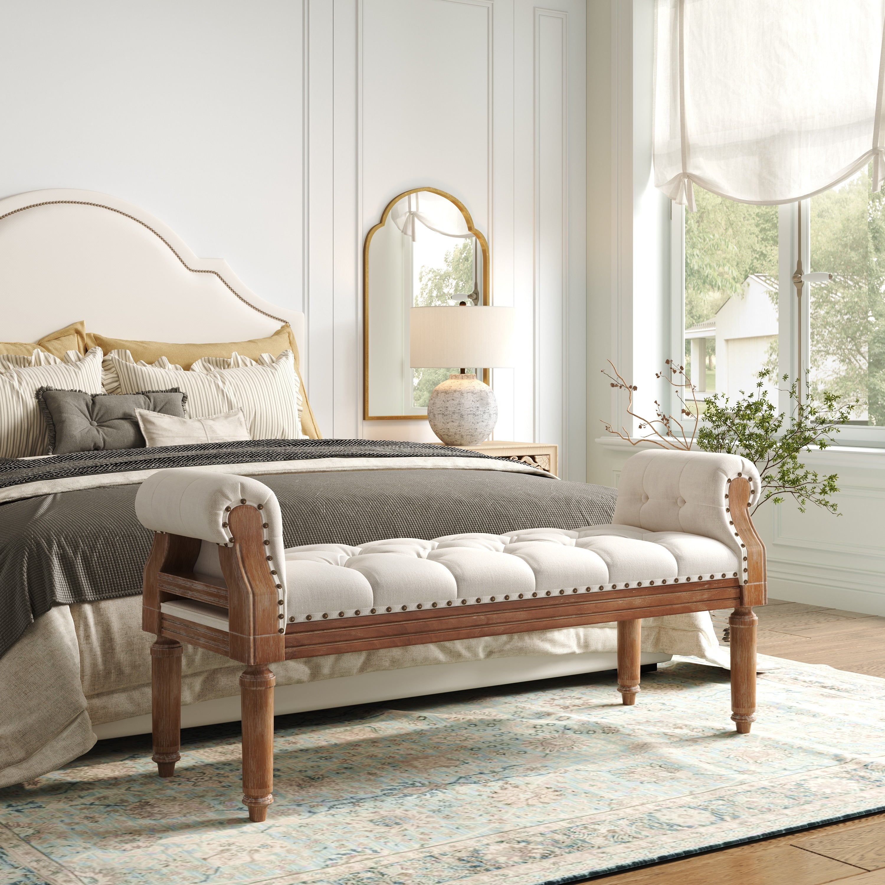 Christopher Knight Home Mid Century Solid Rubberwood Upholstered Bench With Rolled Arms Button Tufted Cushion Nailhead Trim