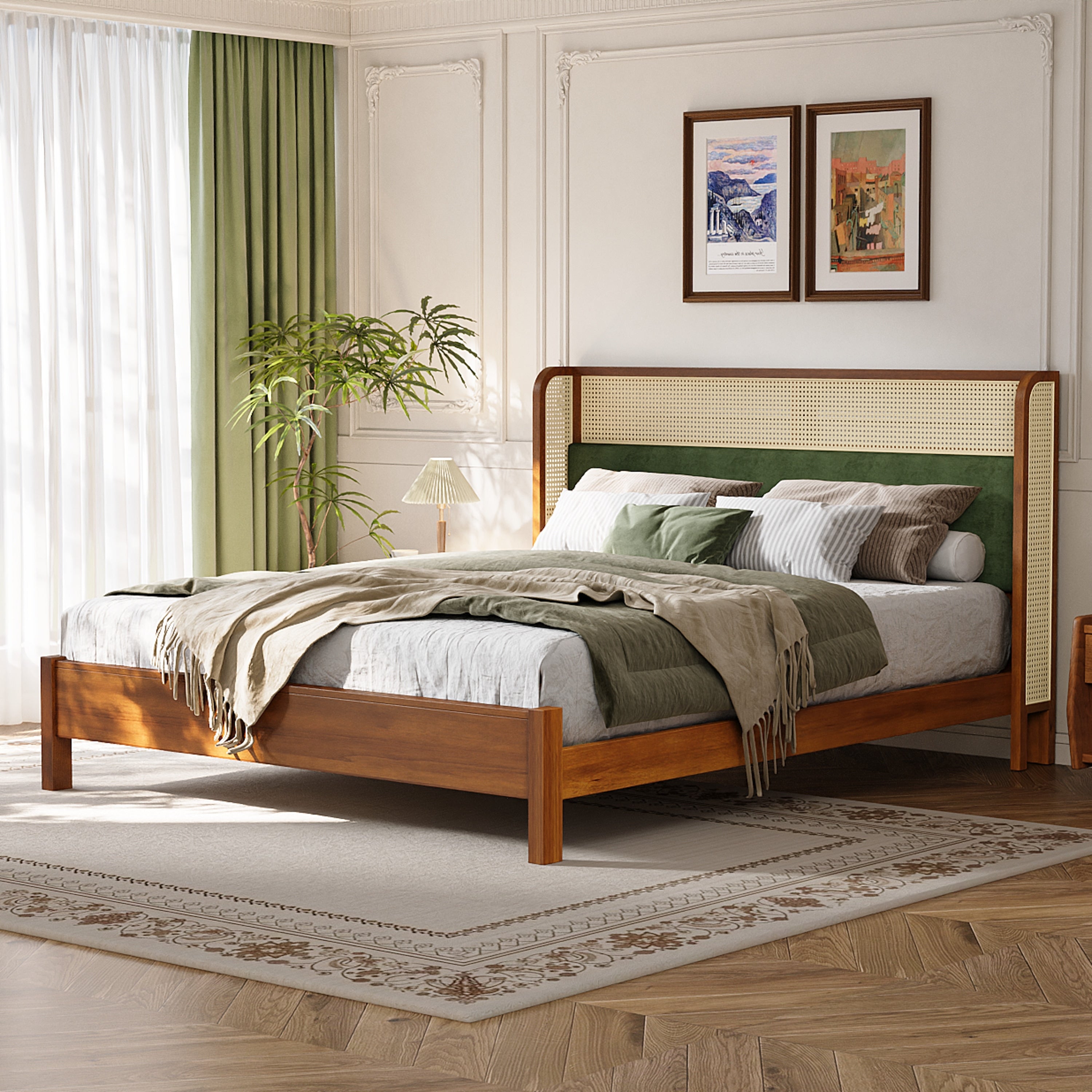 Christopher Knight Home Mid Century Upholstered Wood Low Profile Platform Bed With Rattan Weaving Headboard