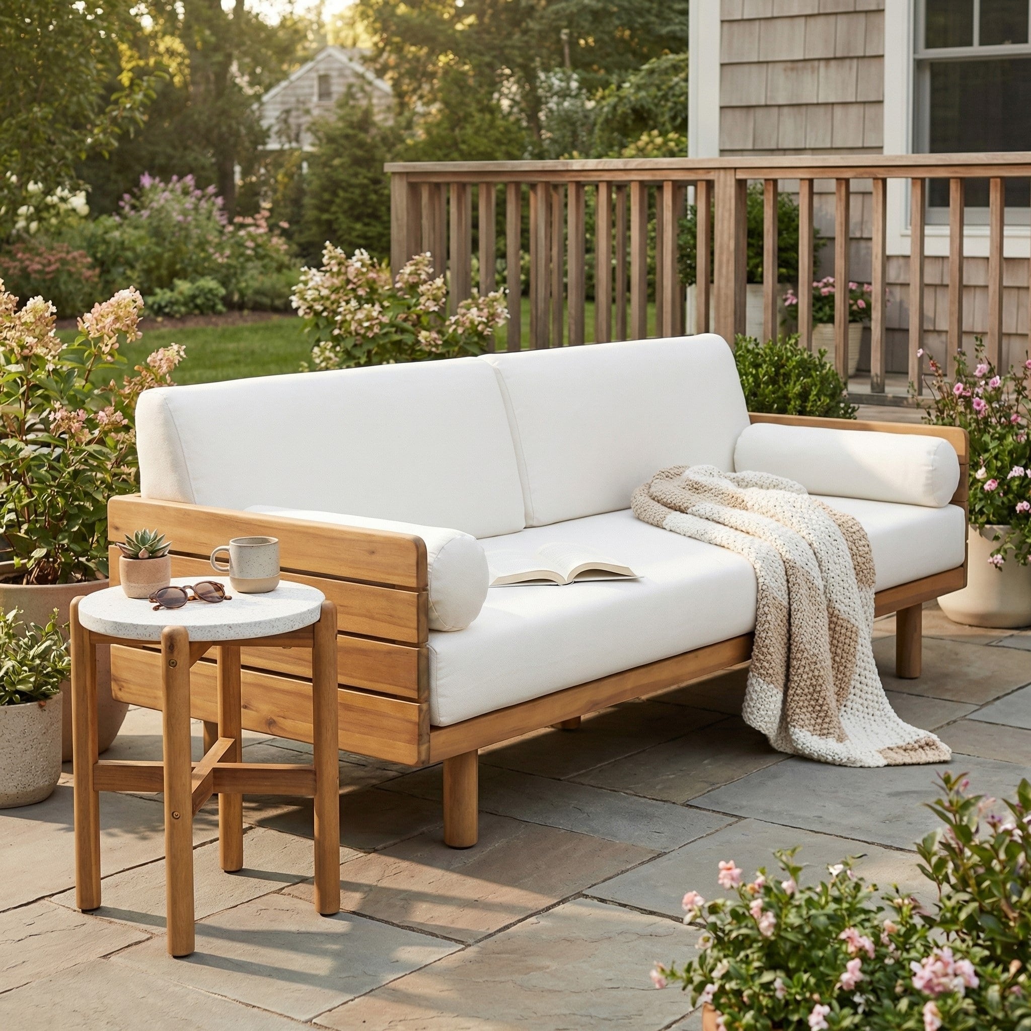 Christopher Knight Home Modern 2 Piece Acacia Wood Outdoor Sofa Set With Water Resistant Cushions Concrete Top End Table