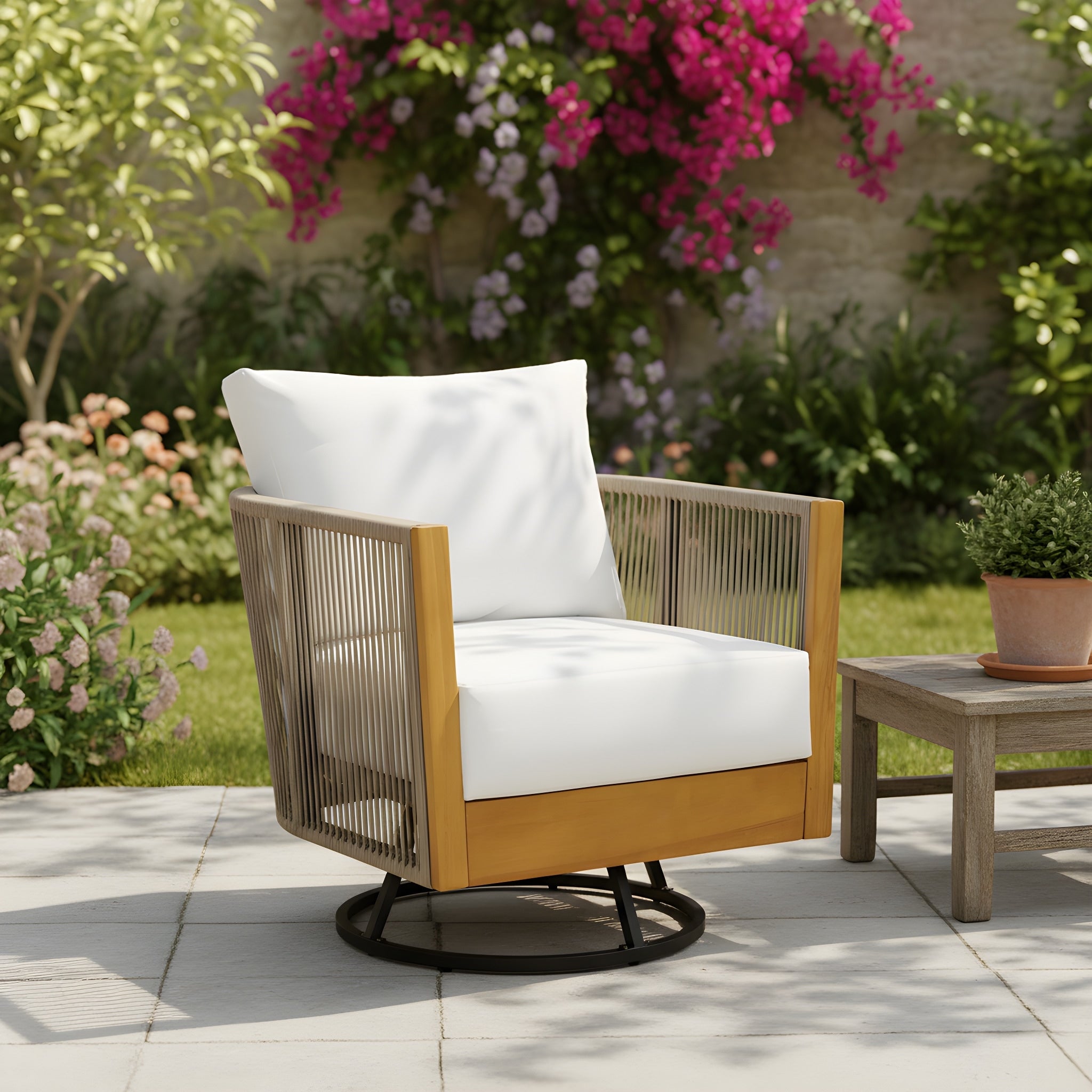 Christopher Knight Home Modern 2 Piece Outdoor Acacia Wood Swivel Chair With Rope Design