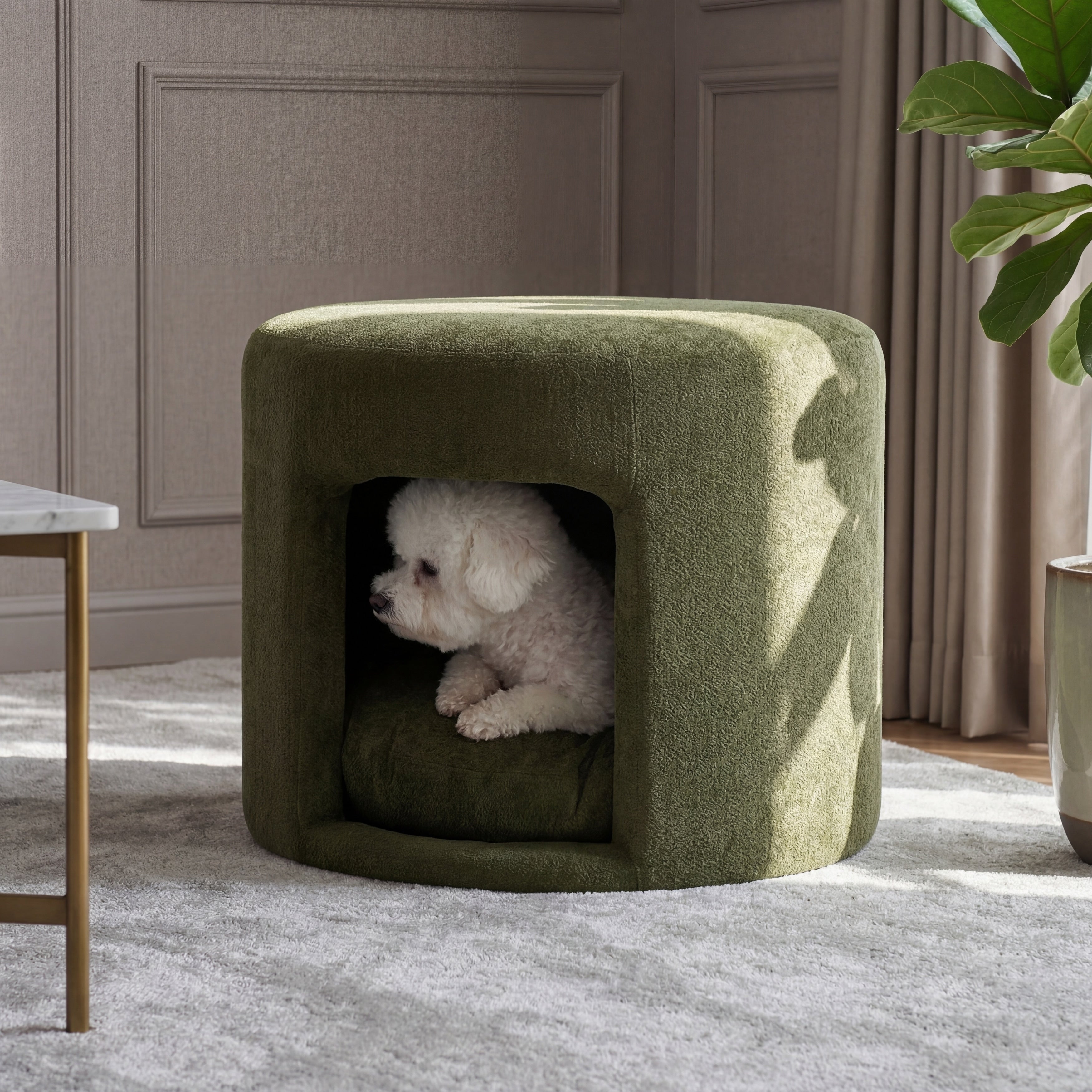 Christopher Knight Home Modern 2 In 1 Upholstered Pet Ottoman With Hidden Pet Nook Acacia Wood Legs Removable Cushion