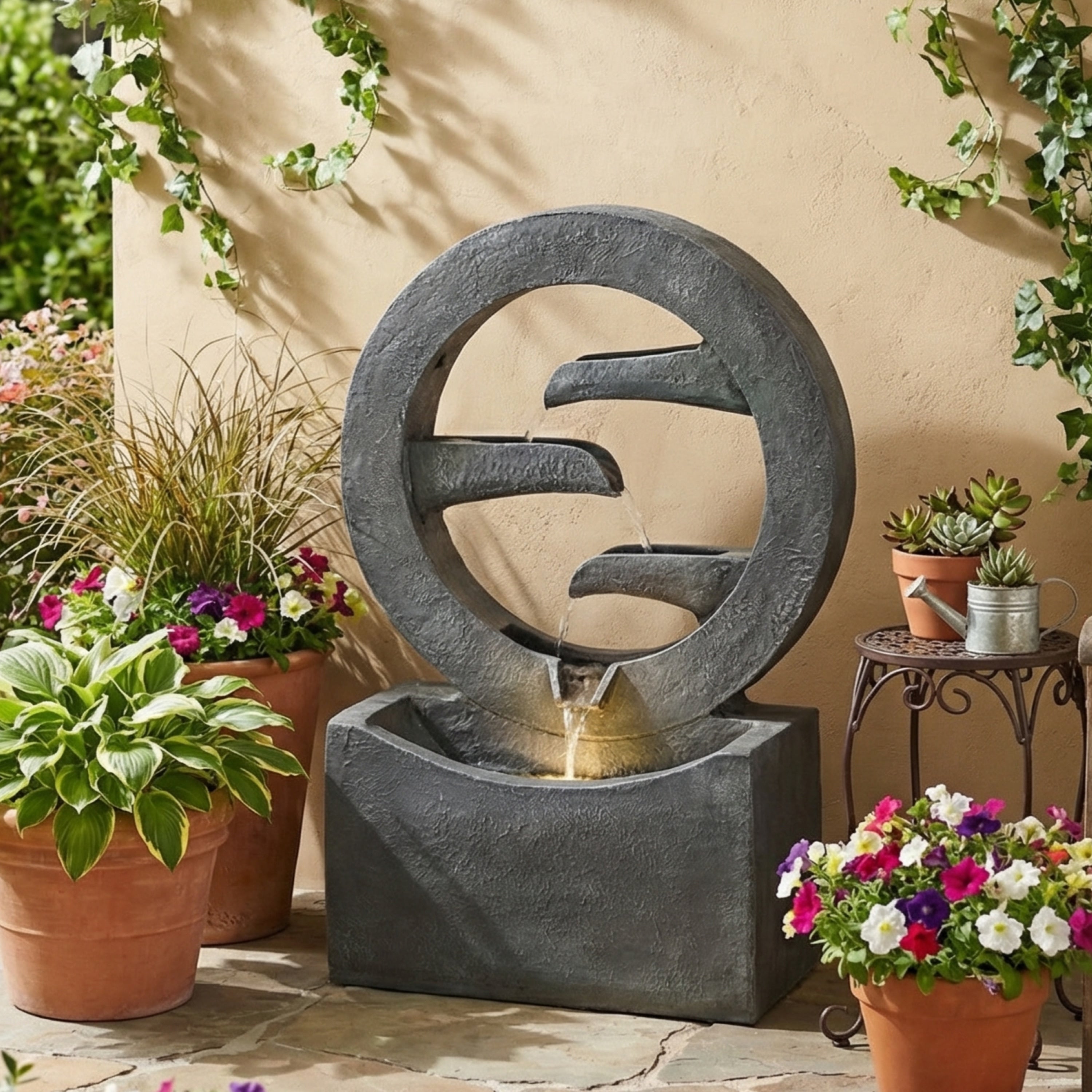 Christopher Knight Home Modern 26.77 H Polyresin Outdoor Water Fountain With Led Light Cascading Design