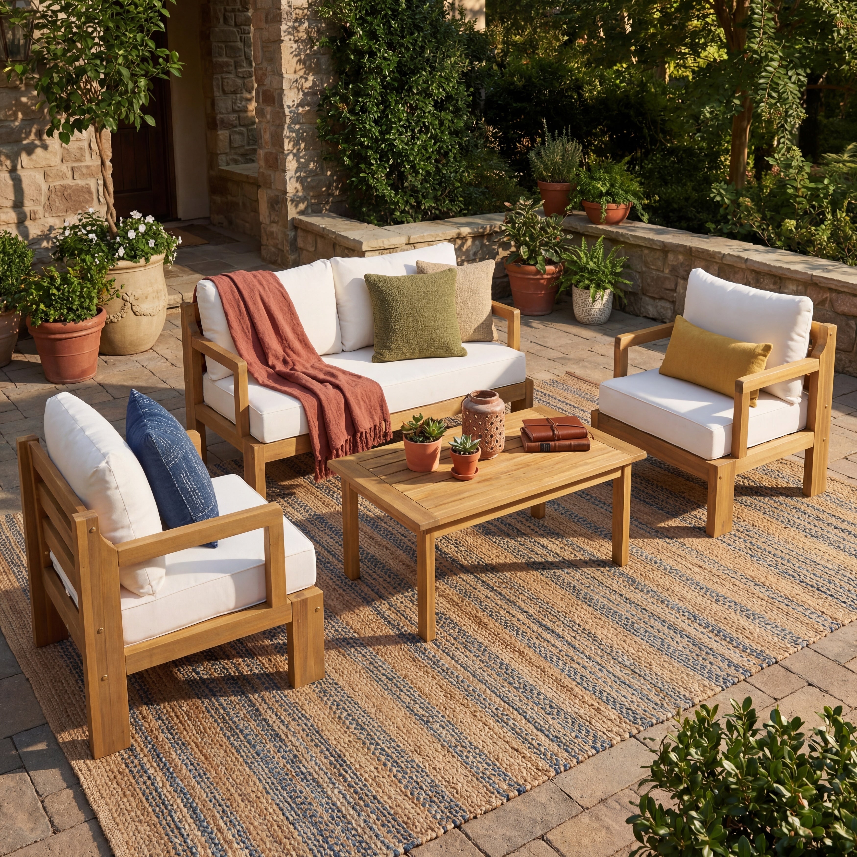 Christopher Knight Home Modern 3 Piece Acacia Wood Outdoor Sectional Set With 3 Seater Sofa Loveseat Coffee Table