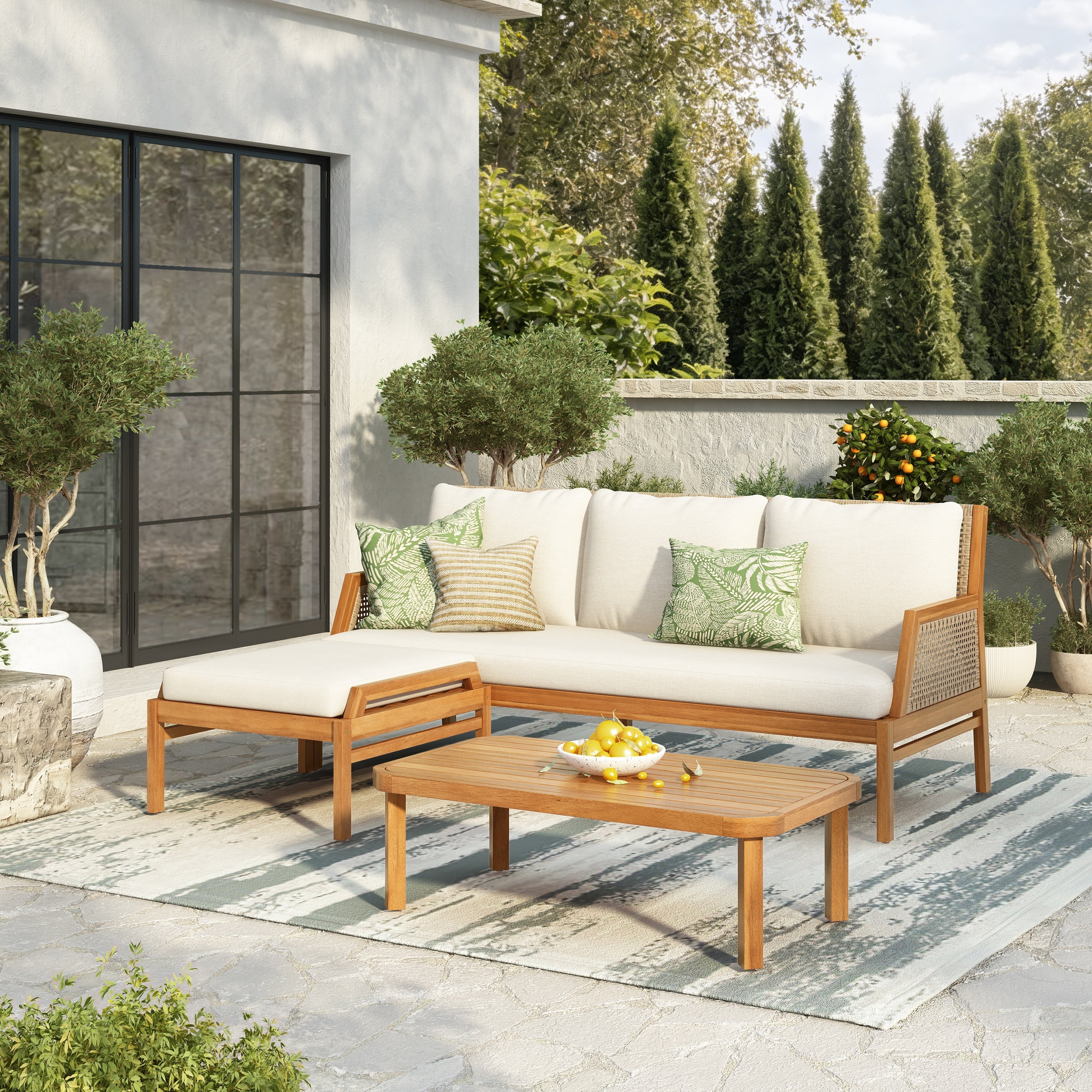 Christopher Knight Home Modern 3 Piece Outdoor Acacia Wood Wicker Patio Conversation Set With Coffee Table Ottoman