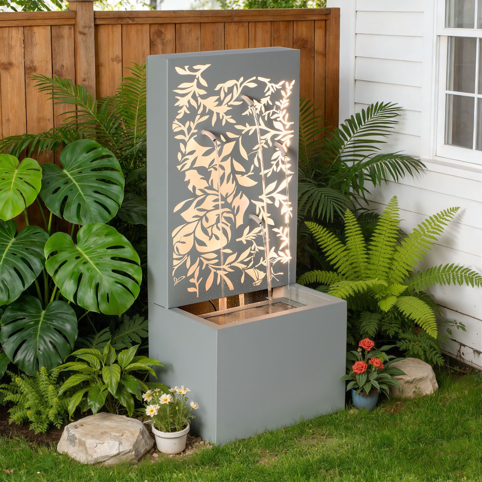 Christopher Knight Home Modern 30.71 H Metal Water Wall Fountain With Led Lights Leaf Cutout Design