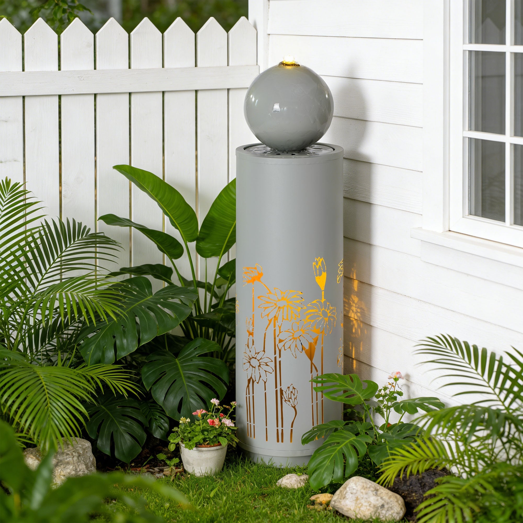 Christopher Knight Home Modern 34.25 H Metal Sphere Top Outdoor Water Fountain With Led Lights Cutout Design