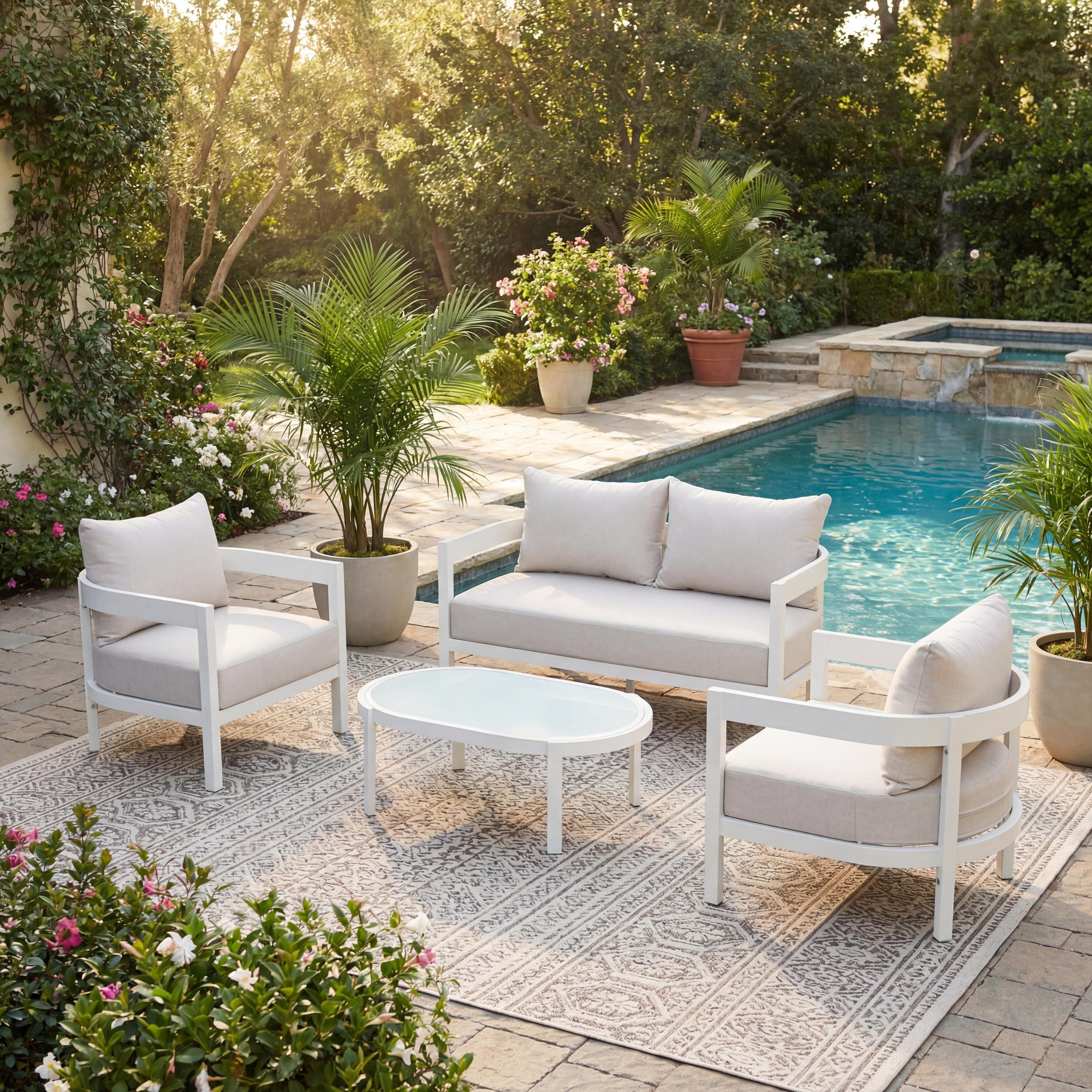 Christopher Knight Home Modern 4 Piece Outdoor Aluminum Patio Conversation Set With Oval Glass Coffee Table Thick Cushions