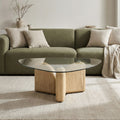 Christopher Knight Home Modern 45.67 Oval Tempered Glass Coffee Table With Sculptural Mgo Wood Grain Finish Base