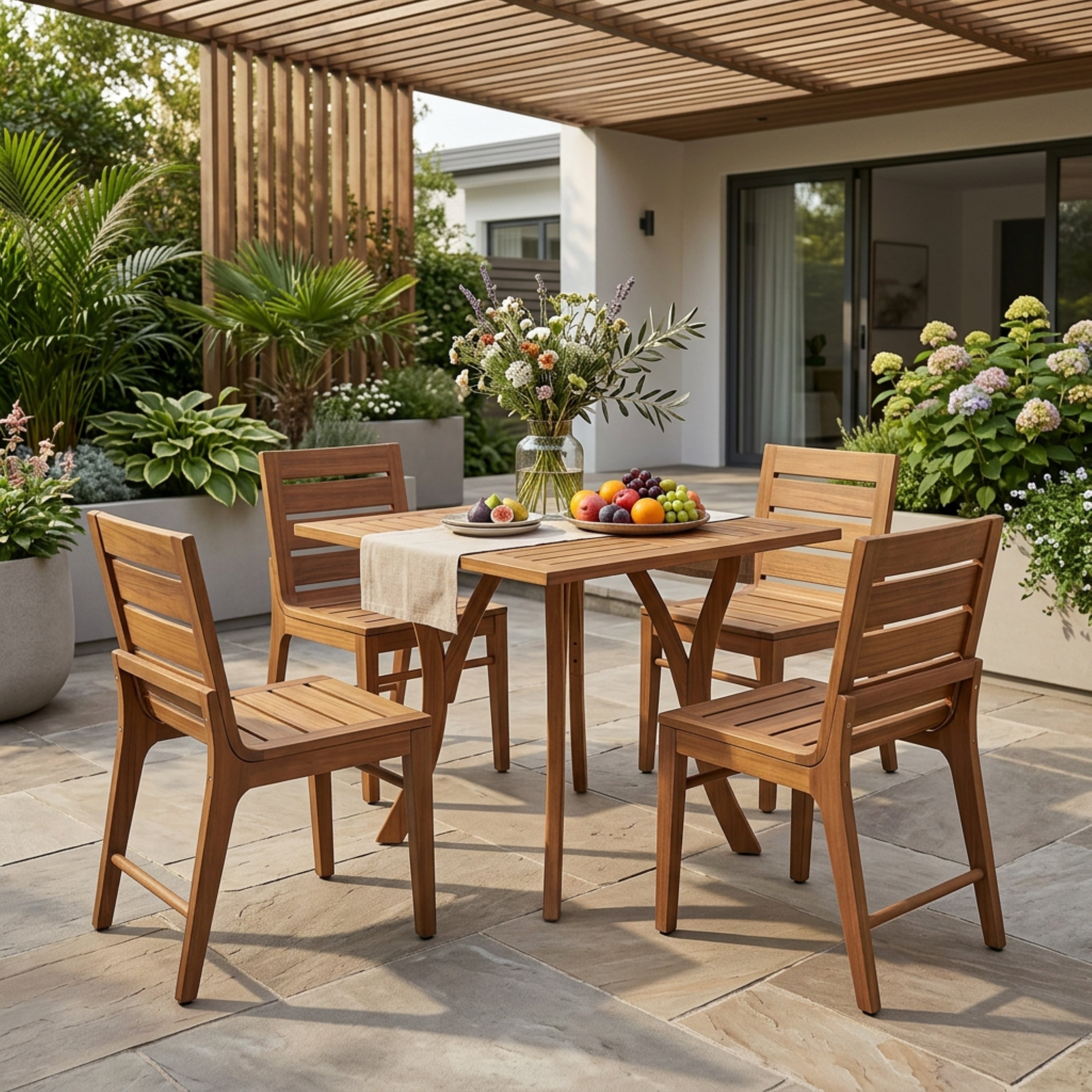 Christopher Knight Home Modern 5 Piece Acacia Wood Square Outdoor Dining Set With Slatted Chairs In Teak Finish