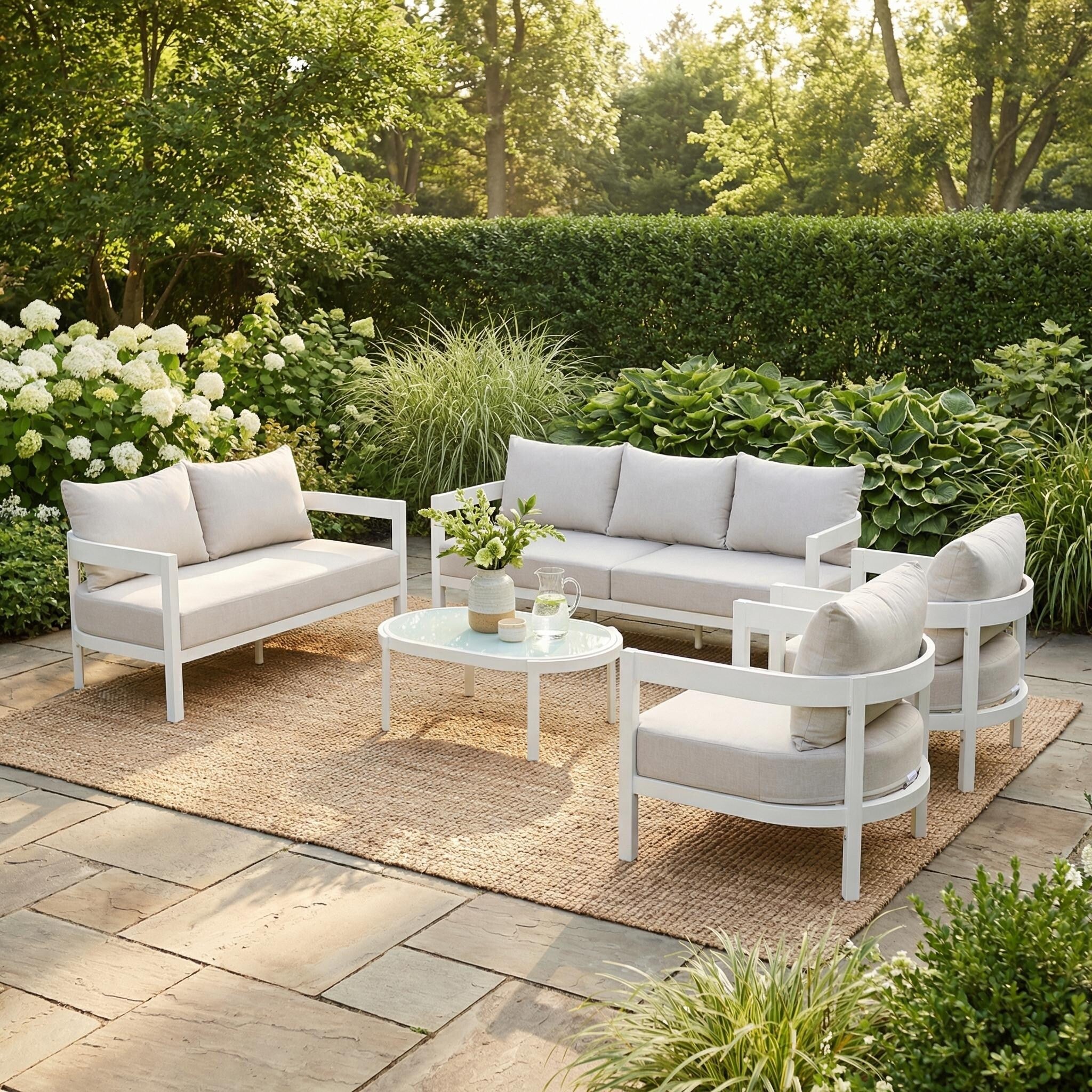 Christopher Knight Home Modern 5 Piece Outdoor Aluminum Patio Conversation Set With Oval Glass Coffee Table Cushions