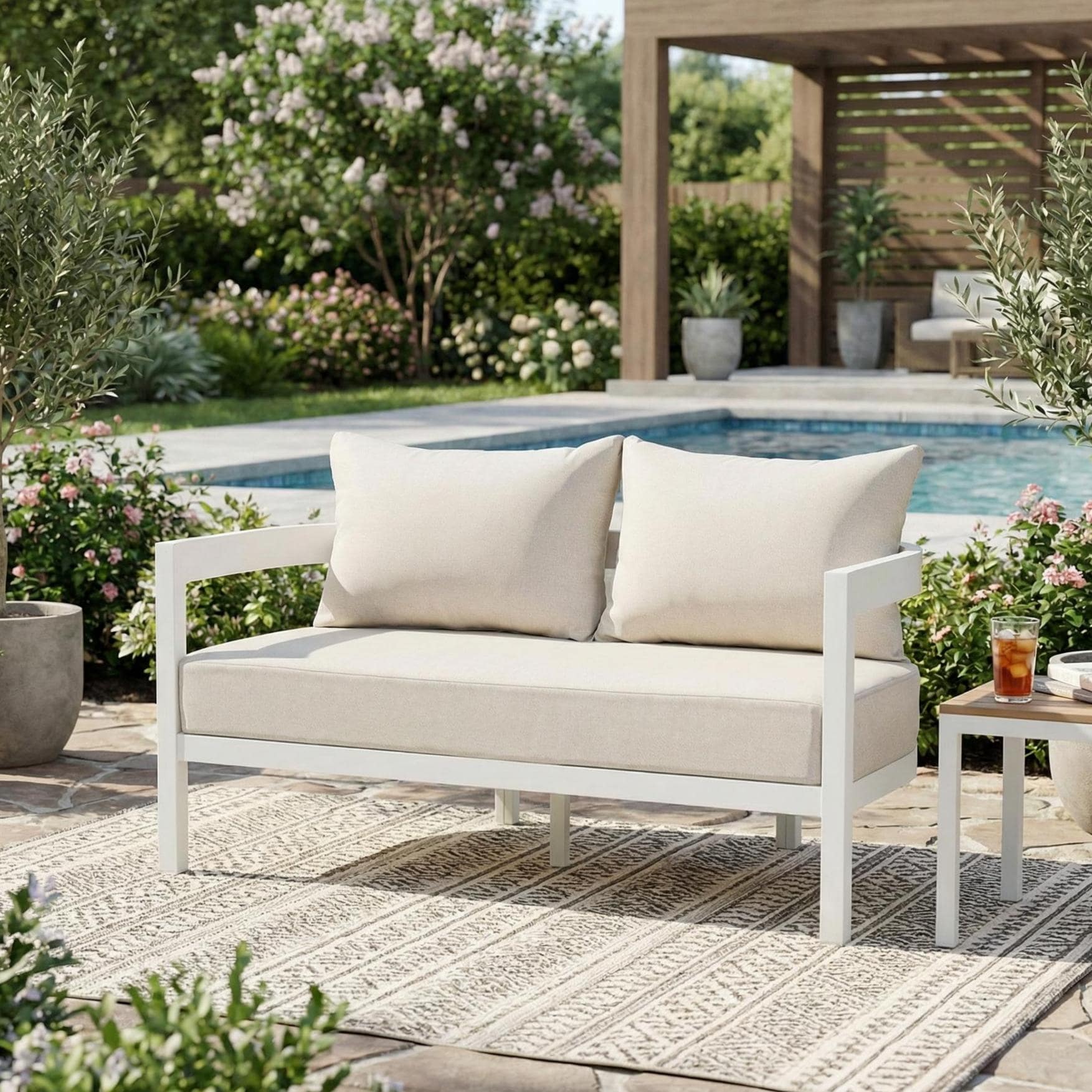 Christopher Knight Home Modern 52.6 Outdoor Curved Back 2 Seater Loveseat With Aluminum Frame Water Resistant Cushions