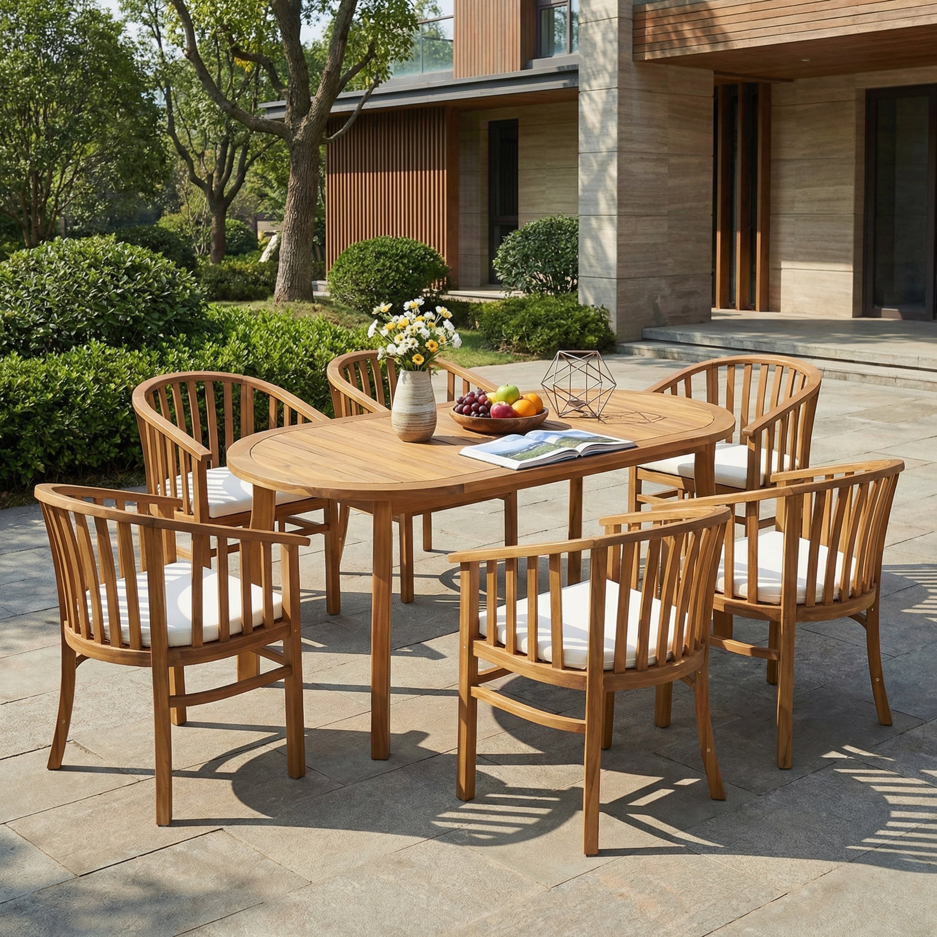 Christopher Knight Home Modern 7 Piece Acacia Wood Oval Outdoor Dining Set With Slatted Tabletop Teak Finish