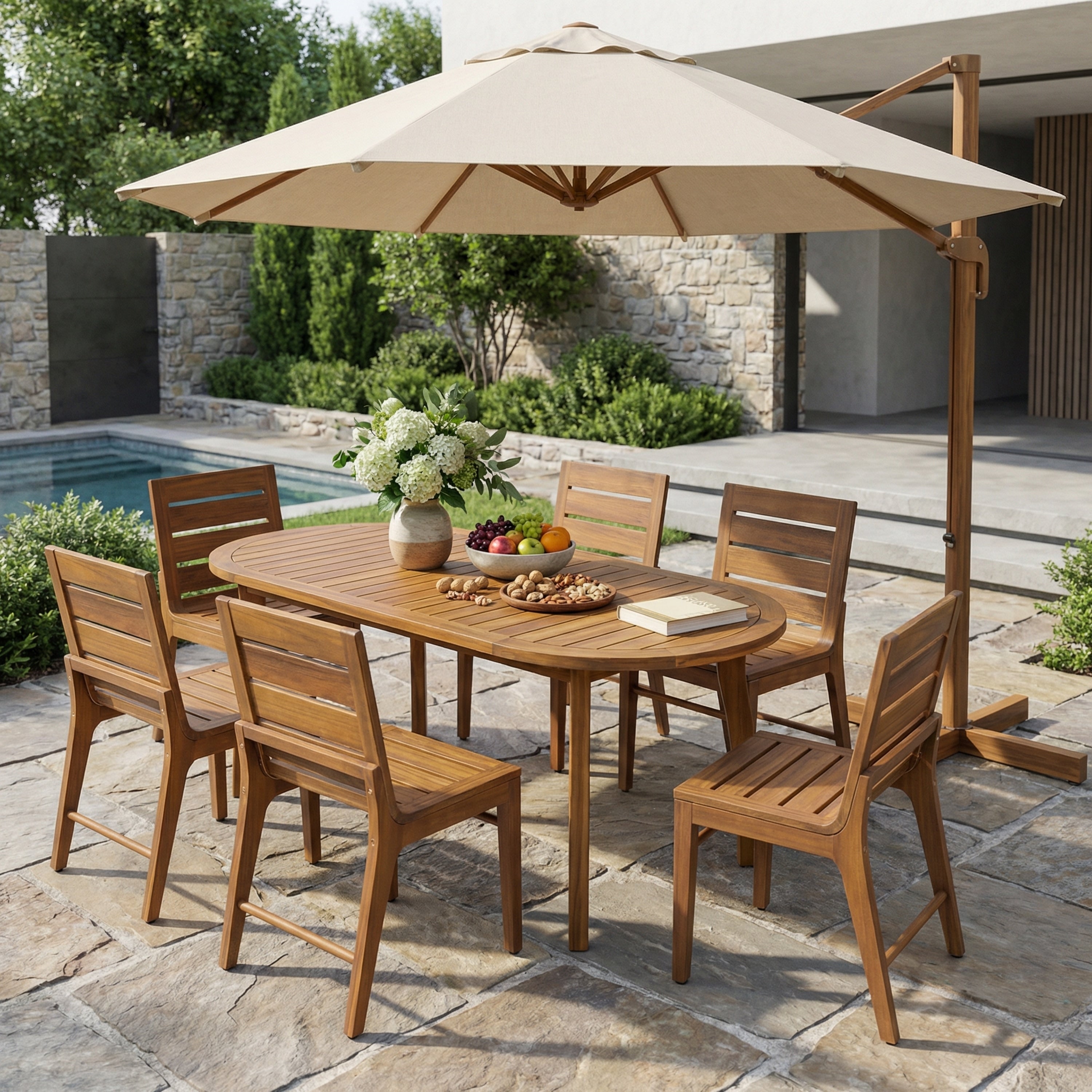 Christopher Knight Home Modern 7 Piece Acacia Wood Oval Outdoor Dining Table Set With Slatted Chairs In Teak Finish