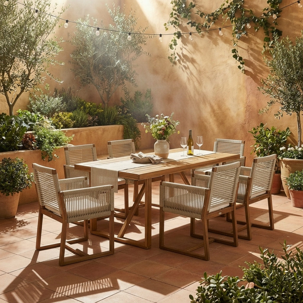 Christopher Knight Home Modern 7 Piece Outdoor Patio Acacia Wood Dining Set With 67 Slatted Table Rope Cushioned Armchairs