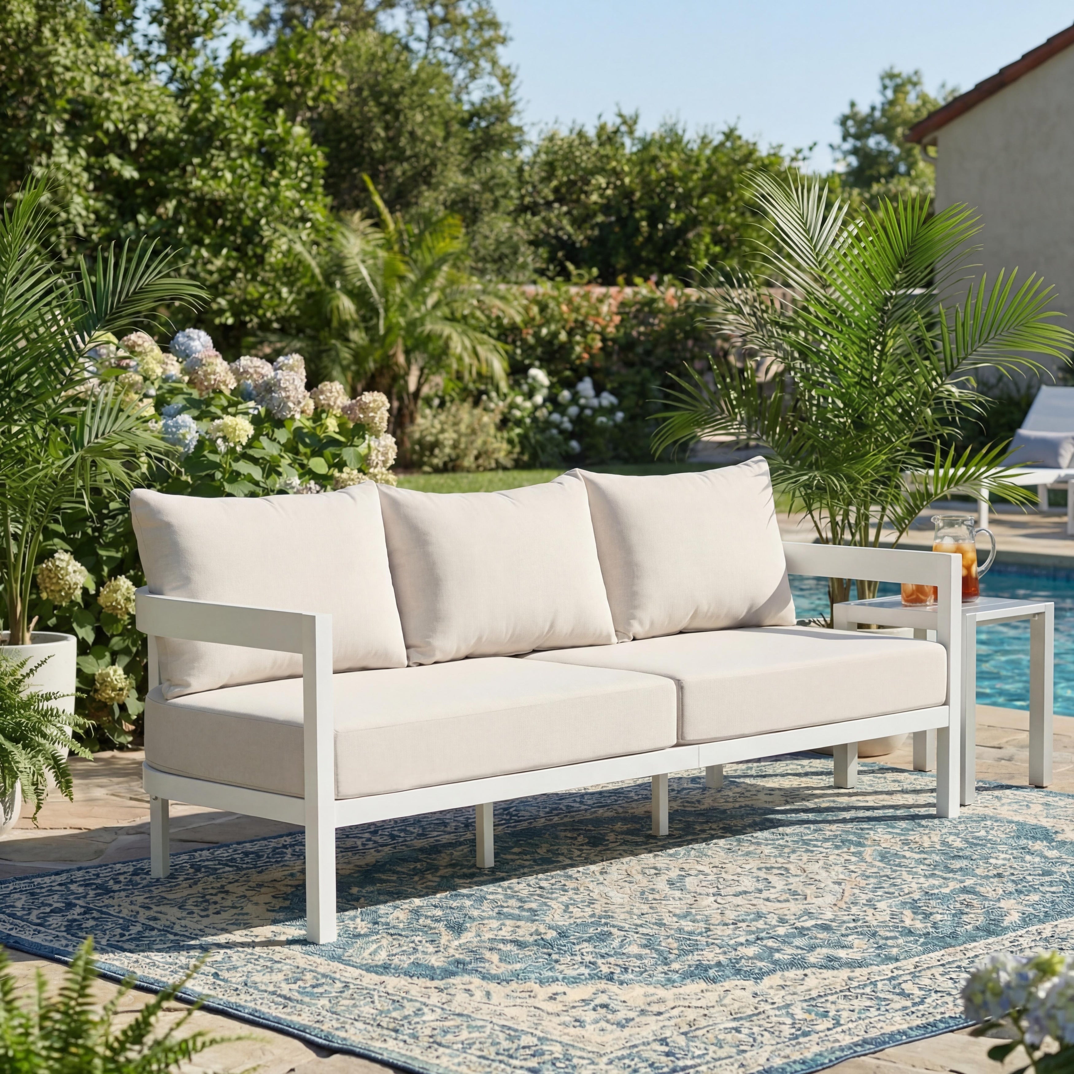 Christopher Knight Home Modern 75.8 Outdoor Curved Patio 3 Seater Sofa With Aluminum Frame Water Resistant Cushions