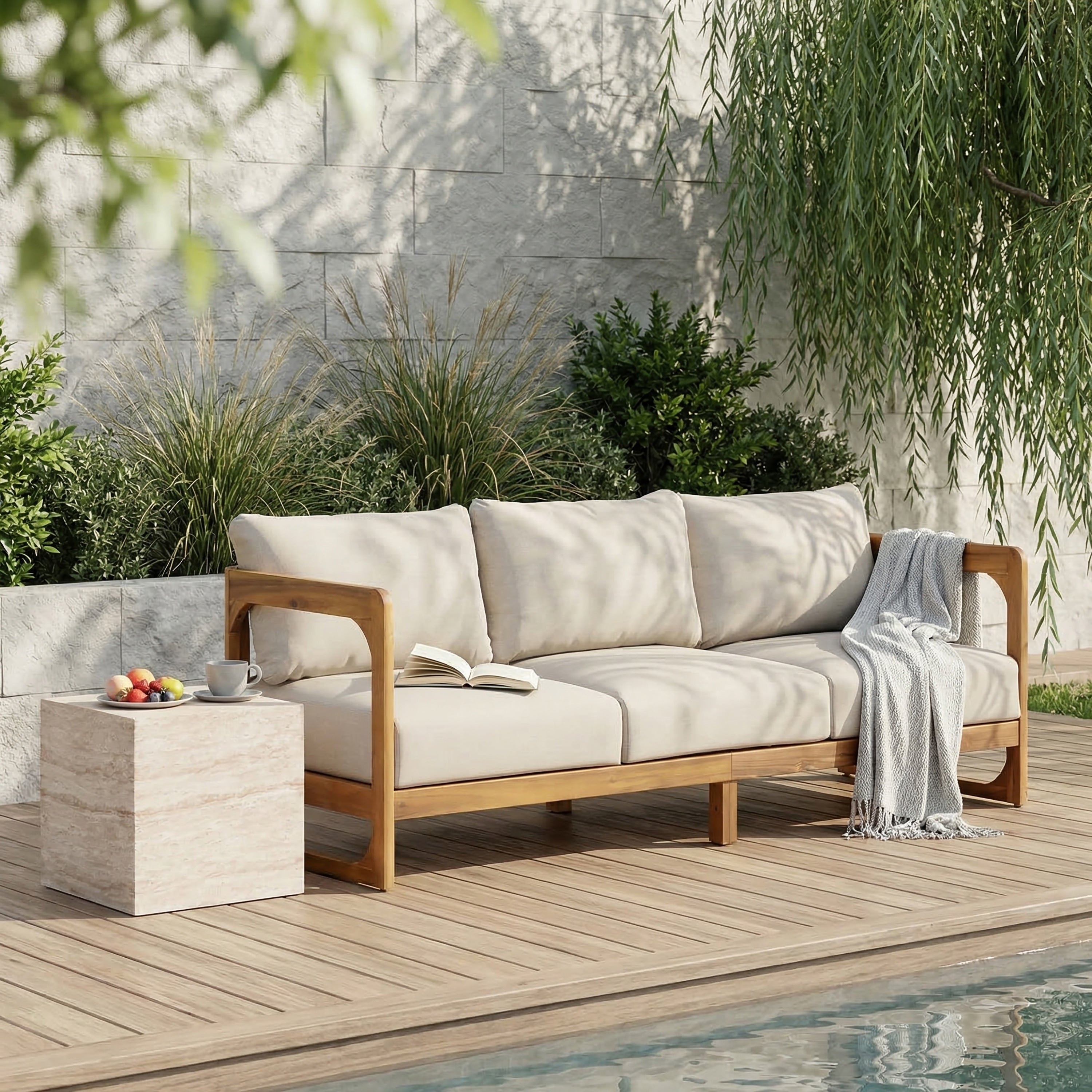 Christopher Knight Home Modern Acacia Wood Outdoor 3 Seater Sofa With Water Repellent Cushions And Weather Resistant Frame
