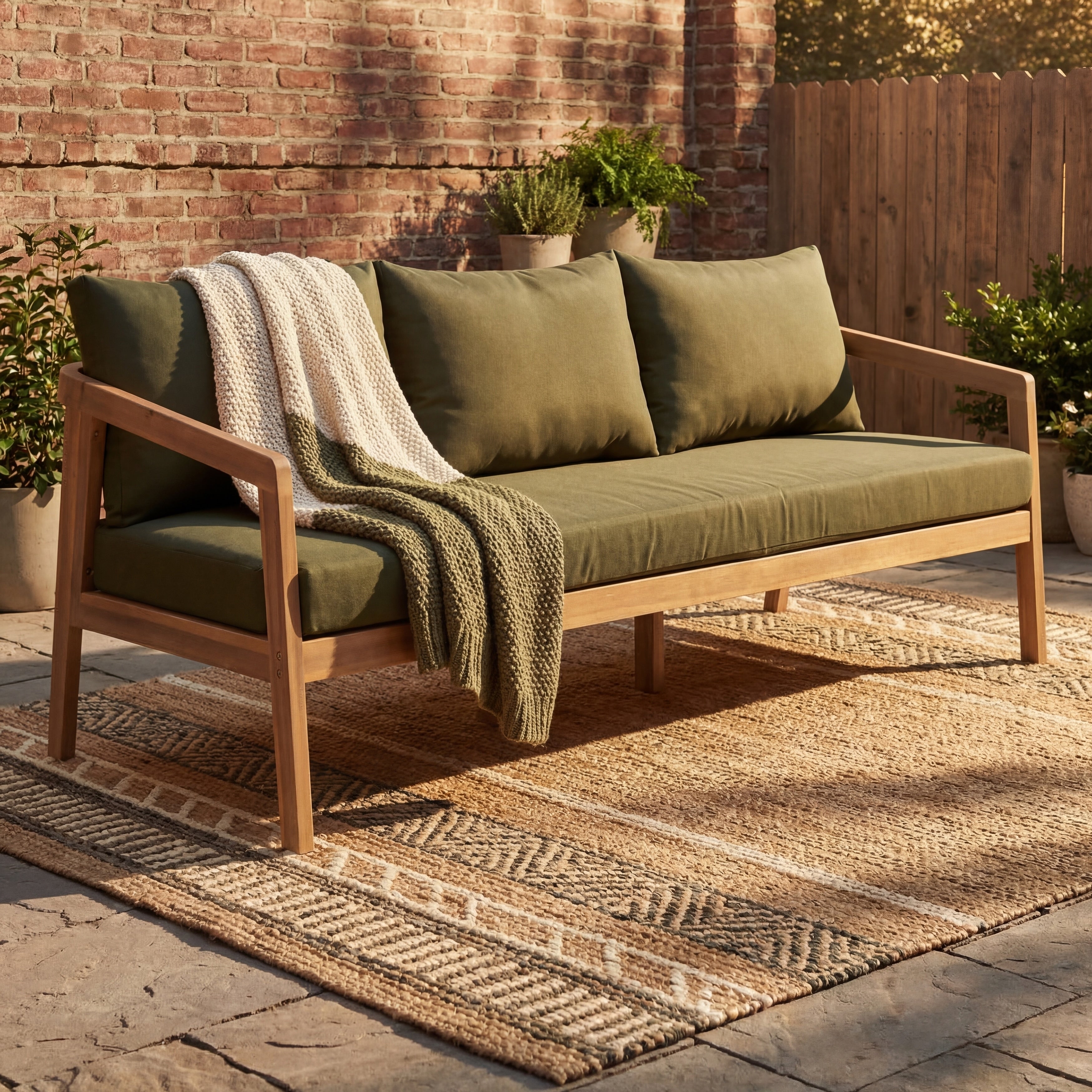 Christopher Knight Home Modern Acacia Wood Outdoor 3 Seater Sofa With Waterproof Cushions And Thick Foam Comfort Seating