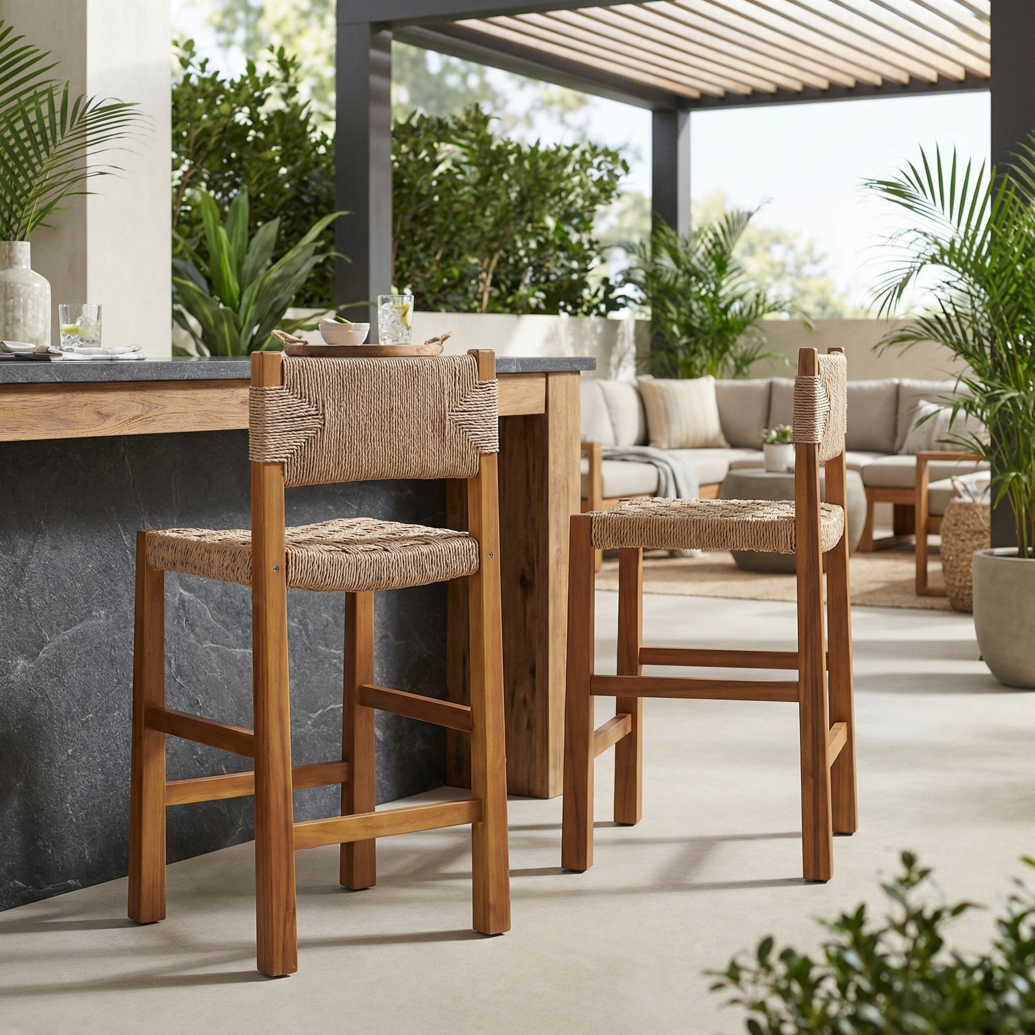 Christopher Knight Home Modern Acacia Wood Outdoor Bar Stools With Teak Finish And Wicker Back Patio Chairs