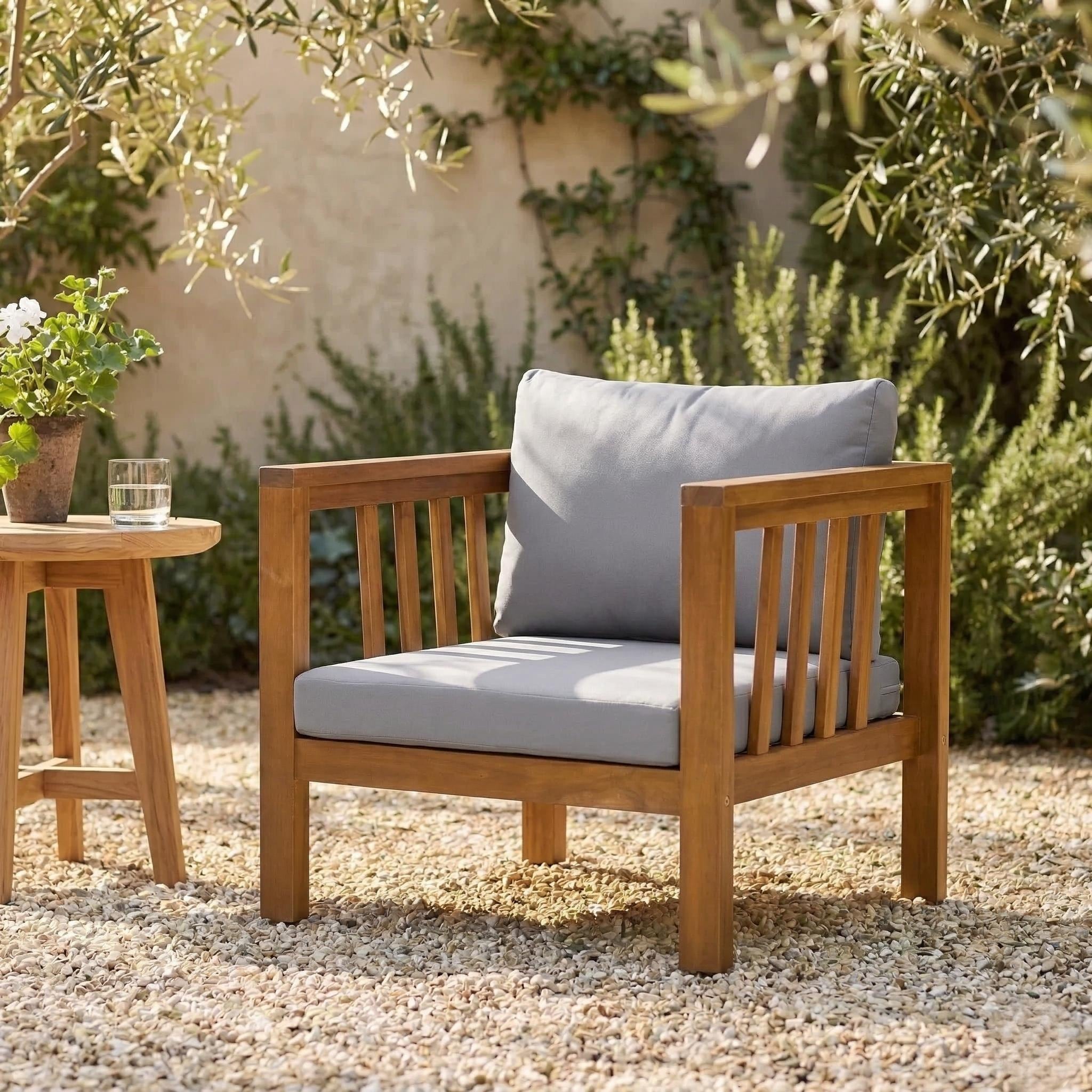 Christopher Knight Home Modern Acacia Wood Outdoor Club Chair With Thick Cushions And Adjustable Leveling Feet