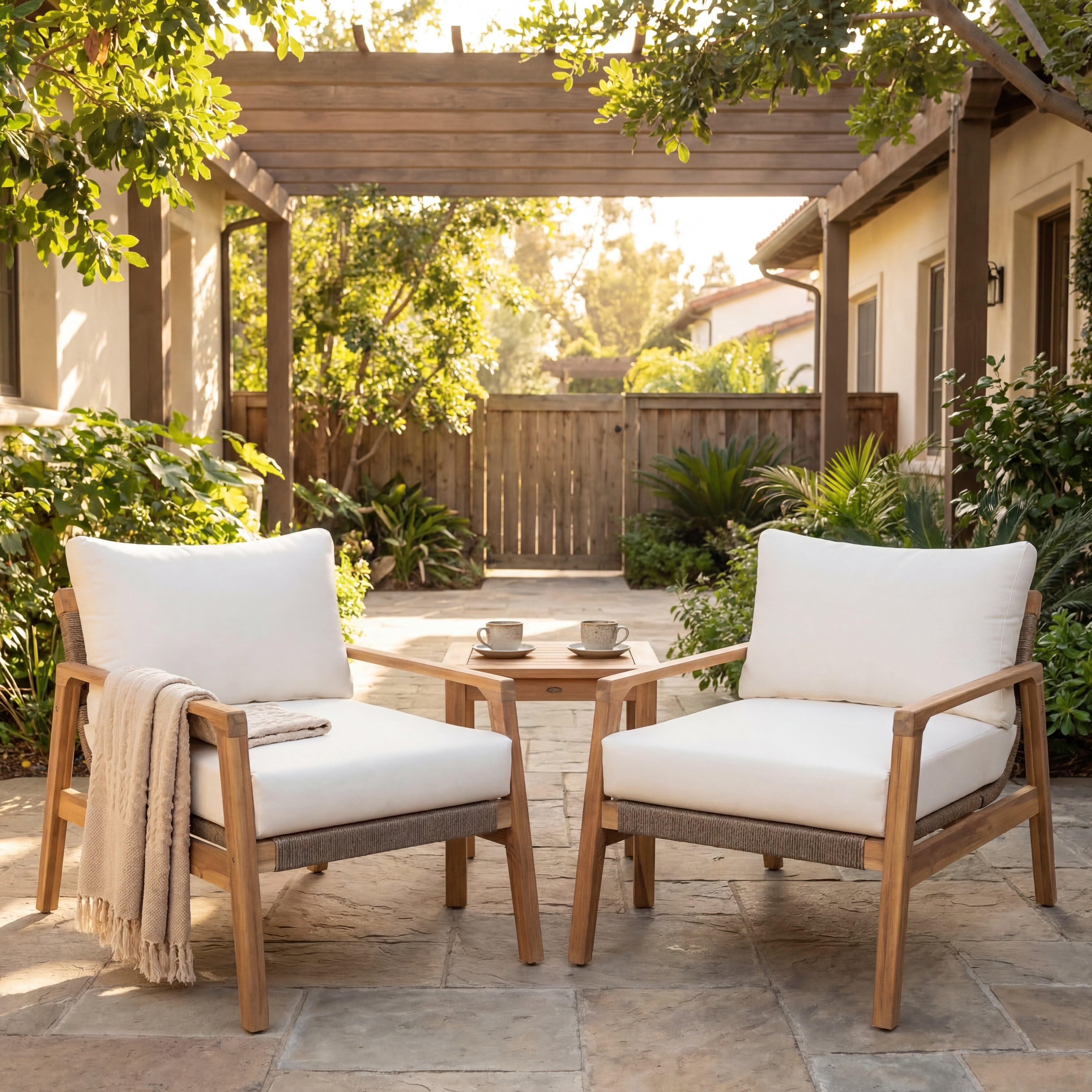 Christopher Knight Home Modern Acacia Wood Rope Outdoor Club Chair With Cushions And Weather Resistant Teak Finish