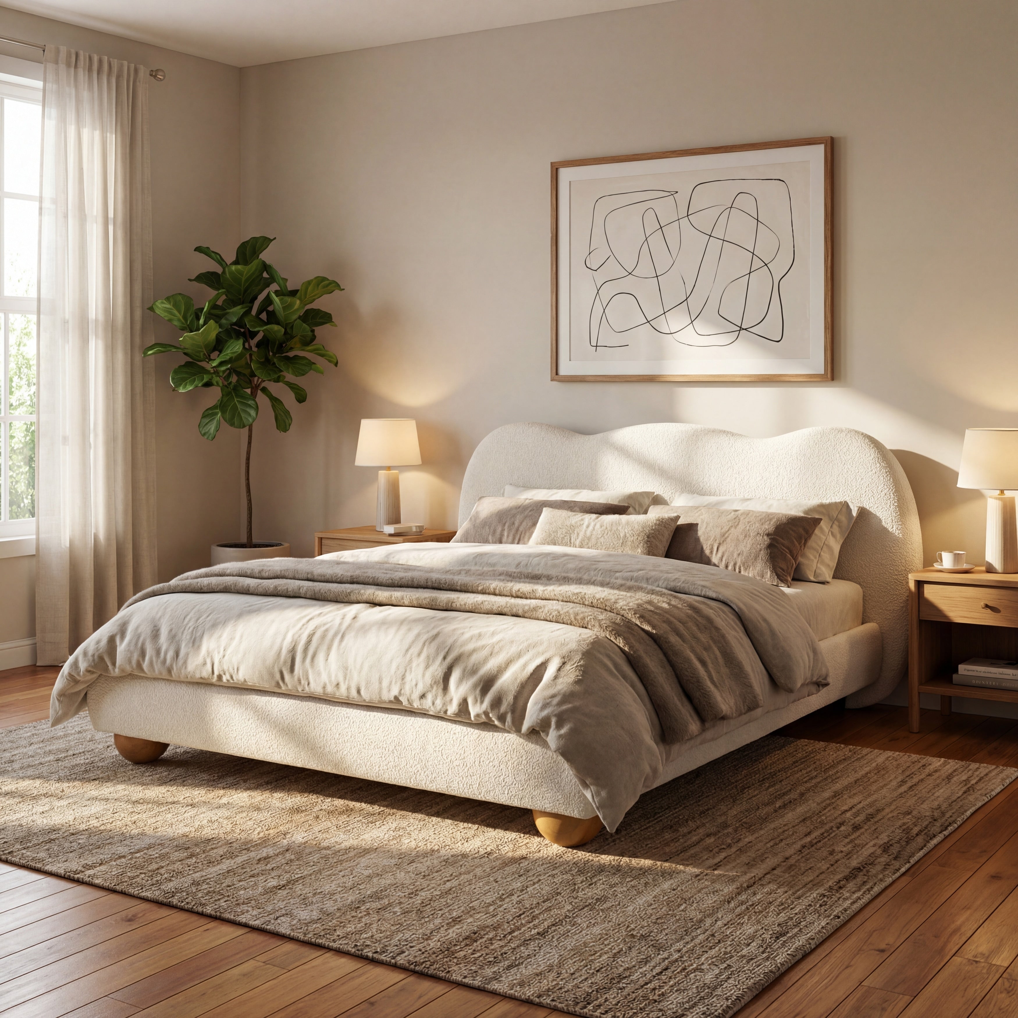 Christopher Knight Home Modern Boucle Upholstered Platform Bed With Thick Curved Headboard And Solid Wood Legs